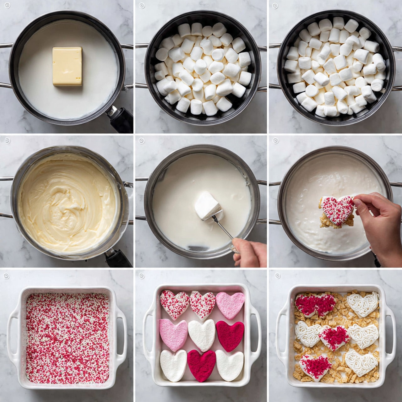 The image shows a step-by-step process of making marshmallow treats. It starts with a square white butter block melting in a black pot, followed by many white marshmallows added to the pot. Next, white milk or cream is poured in, and everything is stirred together until smooth and creamy. In the fourth image, the mixture becomes thick and sticky as small pieces of a light golden cereal are folded in. The mixture is then spread evenly in a white square baking pan. After the treats are set, a woman's hand uses a small heart-shaped cutter to make heart shapes. The last three pictures display the heart-shaped treats decorated with bright pink, red, and white icing, some covered with white sprinkles, placed on a white marbled surface. photo taken with an iphone --ar 4:5 --v 7
