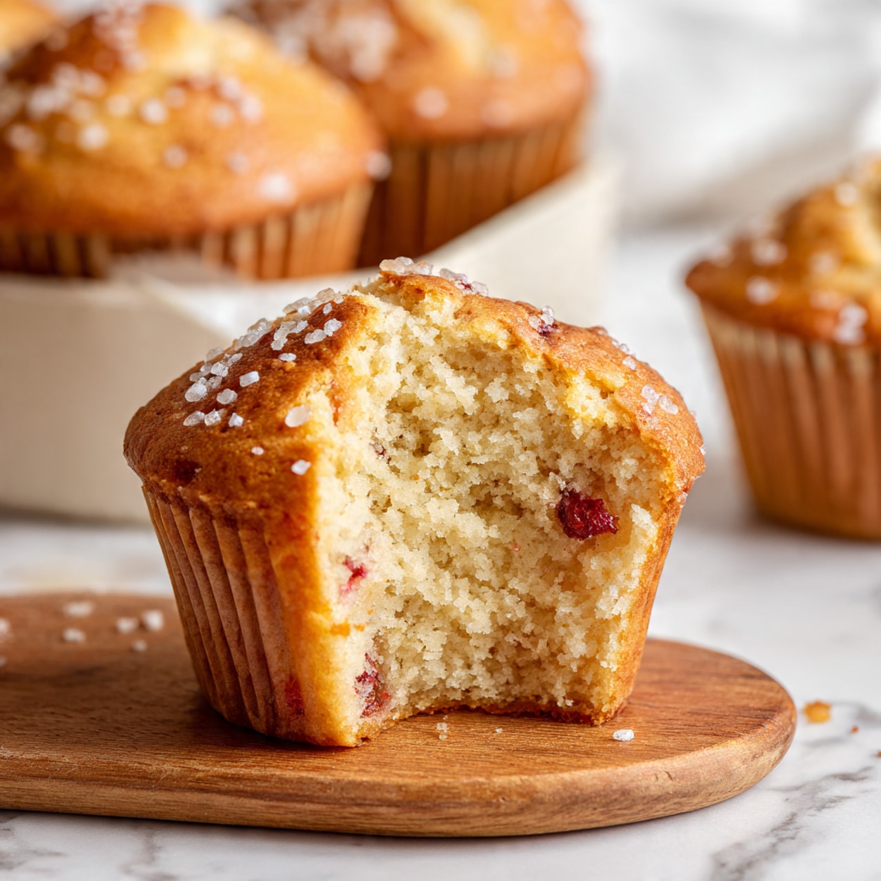 A single muffin with a light golden brown top sprinkled with sugar grains sits on a wooden board. The muffin has a soft, fluffy interior that is pale beige with small pieces of red fruit mixed throughout. A bite is taken out of the muffin, showing the moist texture inside. In the blurred background, more muffins rest in a white container. The setting is on a white marbled surface. Photo taken with an iphone --ar 4:5 --v 7