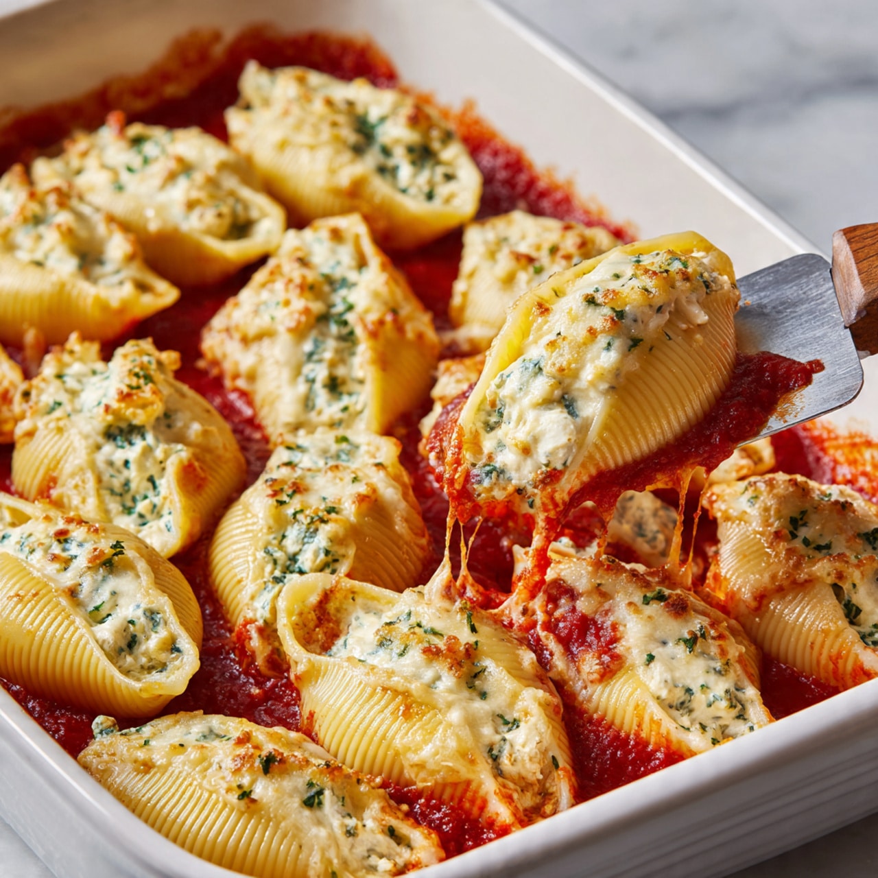 The image shows a white baking dish filled with large pasta shells stuffed with a creamy cheese and herb mixture. The shells rest on a thick layer of bright red tomato sauce covering the bottom of the dish. Each stuffed shell is topped with melted, golden brown cheese that stretches slightly, with flecks of chopped green herbs sprinkled over the top. A metal spatula with a wooden handle lifts one stuffed shell from the dish, showing its smooth, shiny texture and the sauce pooling beneath. The background surface is a white marbled texture. Photo taken with an iphone --ar 4:5 --v 7