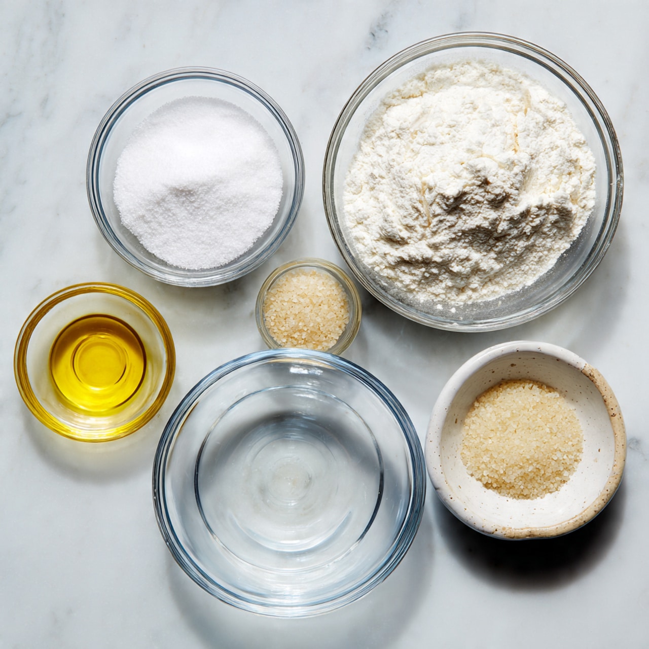The image shows six small clear glass bowls arranged on a white marbled surface. The largest bowl on the right is filled with a fine white powder that looks like flour. To its upper left is a smaller bowl filled with white granulated sugar. Below the sugar, another small bowl contains a yellow liquid that looks like oil. Below the oil is a larger empty clear glass bowl with a smooth texture. To the right of the empty bowl is a small clear glass bowl filled with beige dry yeast granules. On the far right, there is a small white ceramic dish with a beige edge, filled with coarse white salt crystals. photo taken with an iphone --ar 4:5 --v 7