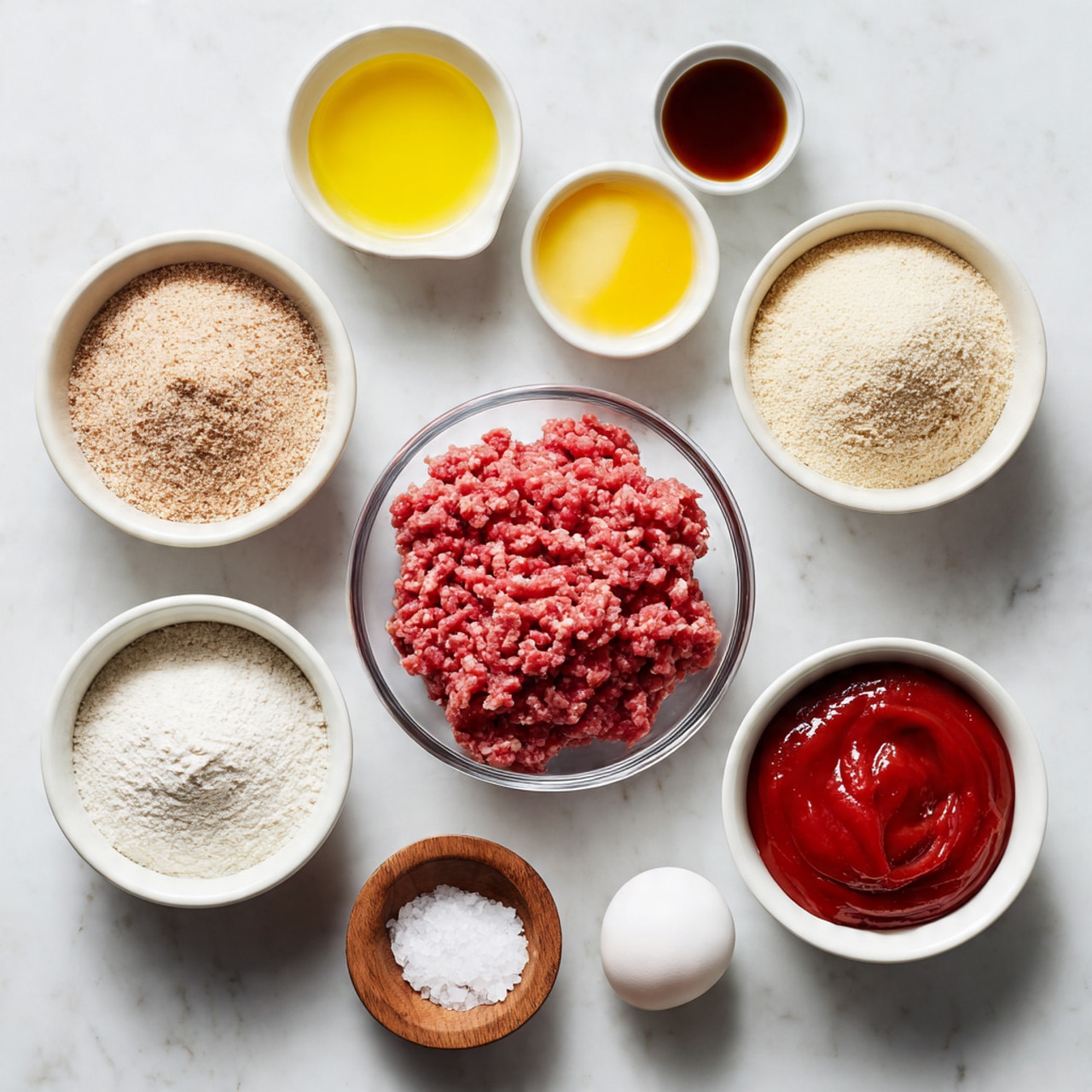 The image shows nine small white bowls arranged on a white marbled surface. At the bottom center, there is a clear glass bowl filled with raw ground meat that is red and slightly marbled with white fat. Above it are two white bowls side by side, each filled with light beige powders, one finer and the other slightly coarser. To the right of them is a white bowl filled with thick, bright red ketchup. Above those, in a row, from left to right, there is an empty white bowl, a bowl with bright yellow liquid that looks like oil, a dark brown liquid, a white powder, a small wooden bowl with salt, and another small wooden bowl holding a white egg. The bowls are clean and neatly arranged on the smooth surface. Photo taken with an iphone --ar 4:5 --v 7