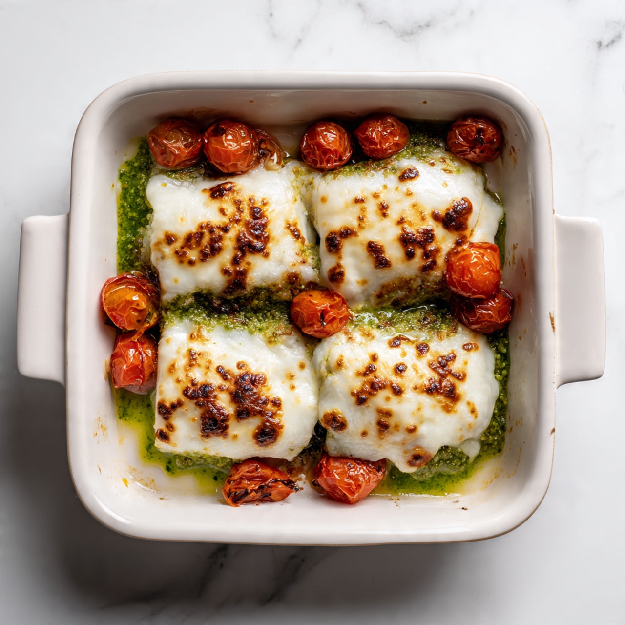 The image shows a white rectangular baking dish filled with four pieces of food covered in melted white cheese with golden brown spots on top. Beneath the cheese are layers of green sauce peeking through with a smooth texture. Around the edges and between the pieces are small, roasted cherry tomatoes with bright red color and a slightly wrinkled skin, some showing darker, charred spots. The dish sits on a white marbled surface, giving a clean and bright look. photo taken with an iphone --ar 4:5 --v 7