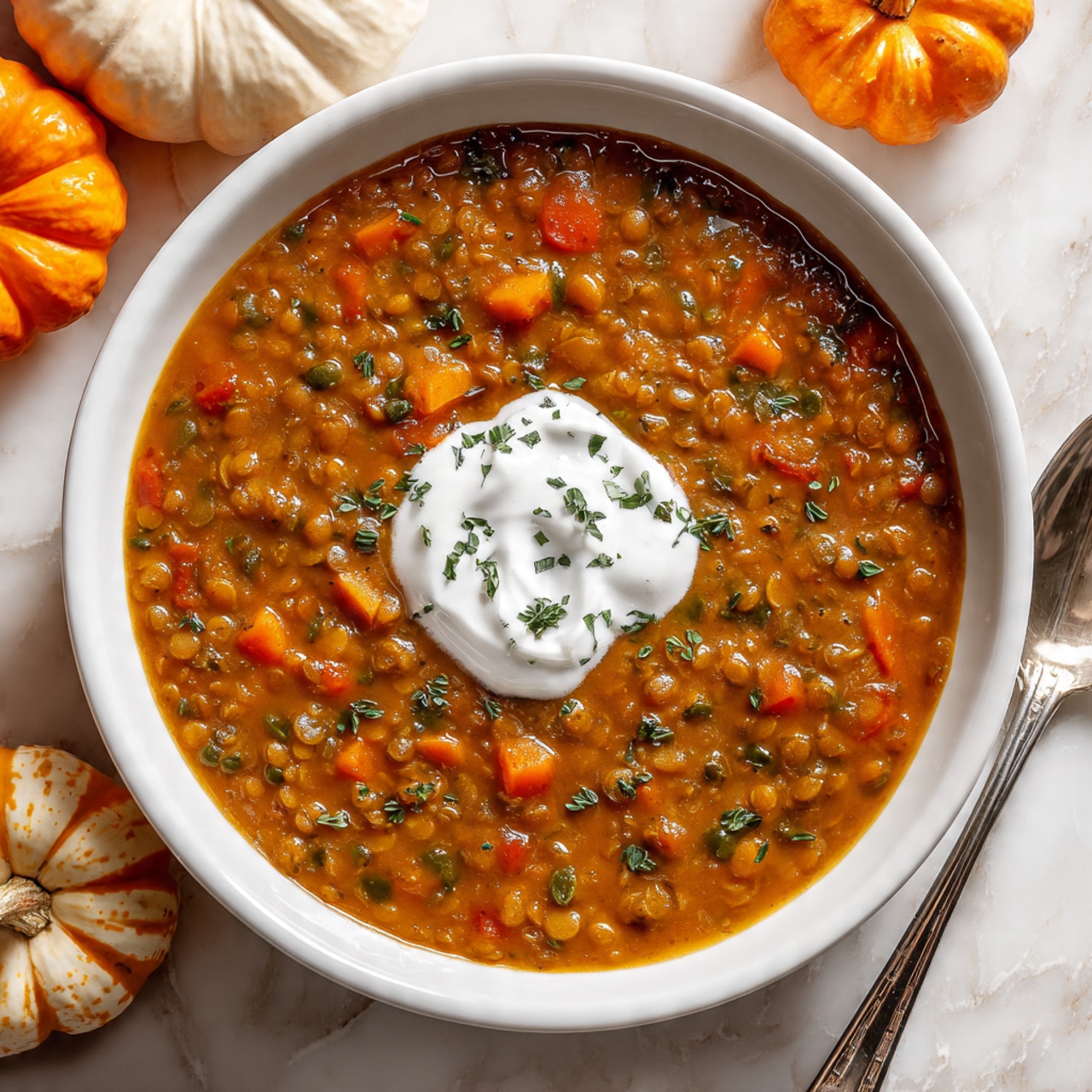 The image shows a white bowl filled with thick pumpkin lentil soup, with visible layers of orange pumpkin pieces, green lentils, and small bits of carrots and herbs mixed throughout. On top of the soup, there is a dollop of creamy white sour cream with small green herbs sprinkled on it. A silver spoon rests in the bowl to the right side, partially submerged in the soup. The bowl is placed on a white marbled surface, surrounded by small whole pumpkins and a cob of corn, adding autumn colors like orange, light green, and beige around the scene. Photo taken with an iphone --ar 4:5 --v 7