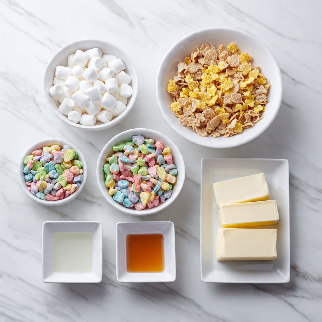 The image shows six white bowls and a white rectangular dish on a white marbled surface. The top left bowl is filled with small white marshmallows. The top right bowl contains crushed yellow cereal. Below, a larger bowl holds colorful cereal pieces mixed with light brown cereal clusters. To the left of this bowl, a smaller bowl is filled with pastel-colored cereal pieces. Next to the large bowl, two small white square dishes contain white and amber-colored liquids. The white rectangular dish at the bottom right has two sticks of butter. The arrangement is neat and organized, with bright and soft colors contrasting on the white marbled background. photo taken with an iphone --ar 4:5 --v 7