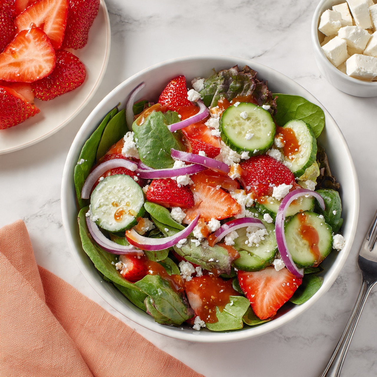 A white bowl filled with a fresh salad showing around five layers: the base layer is dark green spinach and mixed greens, on top of that are bright red strawberry slices and red cherry tomato halves scattered evenly, followed by thin circular slices of pale green cucumber, and thin rings of purple-red onion layered around. Small white crumbles of feta cheese are sprinkled on top along with fresh green parsley leaves. The salad is lightly drizzled with a reddish dressing. The bowl is placed on a white marbled surface, next to a white plate filled with sliced strawberries and a white bowl containing chunks of feta cheese. A silver fork rests on a peach-colored napkin to the side. photo taken with an iphone --ar 4:5 --v 7