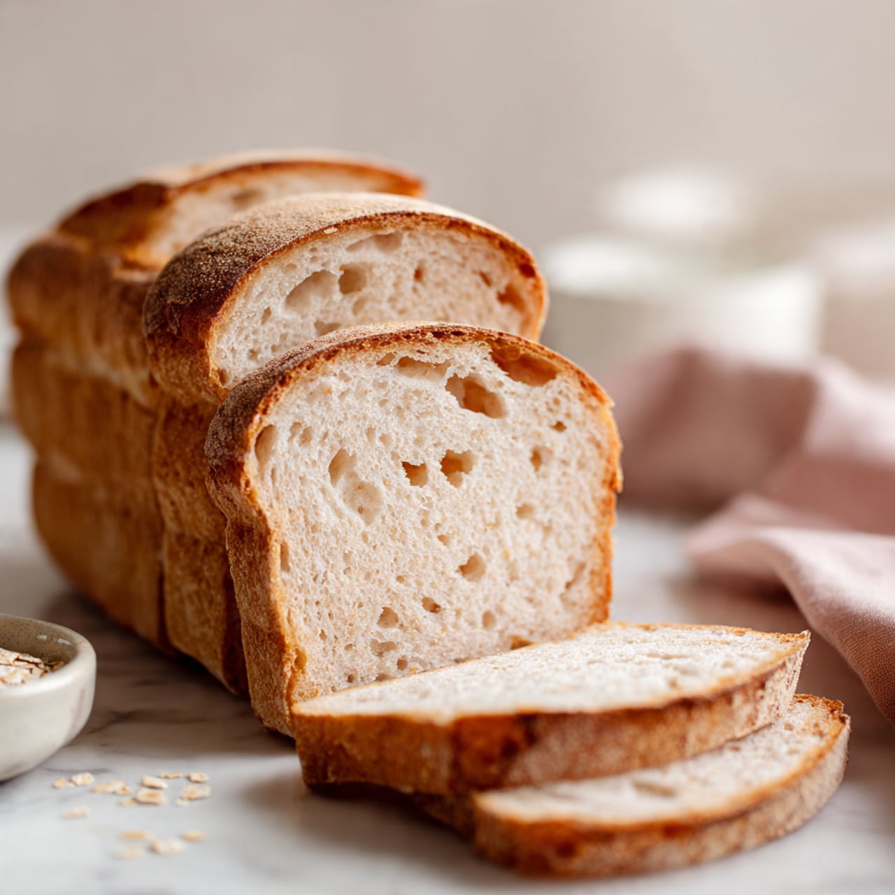 The image shows a close-up of a loaf of bread on a white marbled surface. The loaf has five visible slices, one lying flat in front, and the rest stacked behind it. The bread has a golden brown crust with a slightly rough, rustic texture, and the inside is light beige with small air holes scattered throughout. The background is softly blurred, featuring a light neutral color that contrasts nicely with the bread. There is a small white bowl in the background, slightly out of focus, possibly holding some crumbs or oats. A light pink cloth is partially visible to the right side. The photo taken with an iphone --ar 4:5 --v 7