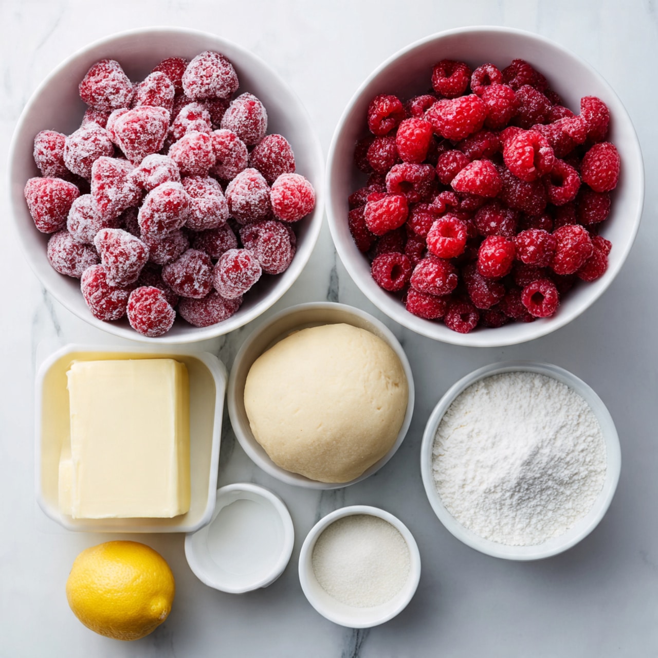 Two white bowls are side by side on a white marbled surface, the left bowl filled with frozen raspberries covered in frost, and the right bowl filled with fresh deep red raspberries. In front of the bowls are baking ingredients: a block of butter, a whole lemon, a round ball of dough, a bowl of granulated sugar, a bowl of flour, a bowl of cream, and a bowl of white sugar, all arranged neatly. The overall colors include the reds of the raspberries, light yellow of the butter and lemon, beige dough, and white bowls and ingredients. Photo taken with an iphone --ar 4:5 --v 7