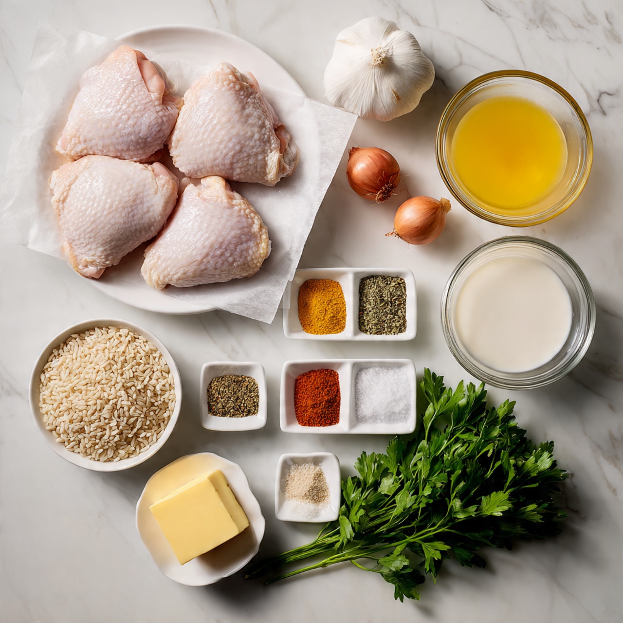 The image shows an overhead view of raw ingredients neatly arranged on a white marbled surface. In the bottom left, there is a white plate holding five raw chicken thighs with pale pink skin, placed on a piece of parchment paper. Above the chicken, there is a whole head of garlic and three small shallots with reddish-brown skin. To the right of the shallots, a glass measuring cup filled with thick white cream and another glass measuring cup filled with light yellow chicken broth sit side by side. Below the broth, a white bowl contains uncooked light brown rice grains. In the center, a square white dish holds five small piles of spices in separate sections, including green herbs, black pepper, orange paprika, white salt, and yellow garlic powder. A small white bowl with a bright yellow square of butter is placed near the bottom center. At the bottom right, a bunch of fresh green parsley leaves are laid out, completing the vivid and fresh arrangement photo taken with an iphone --ar 4:5 --v 7