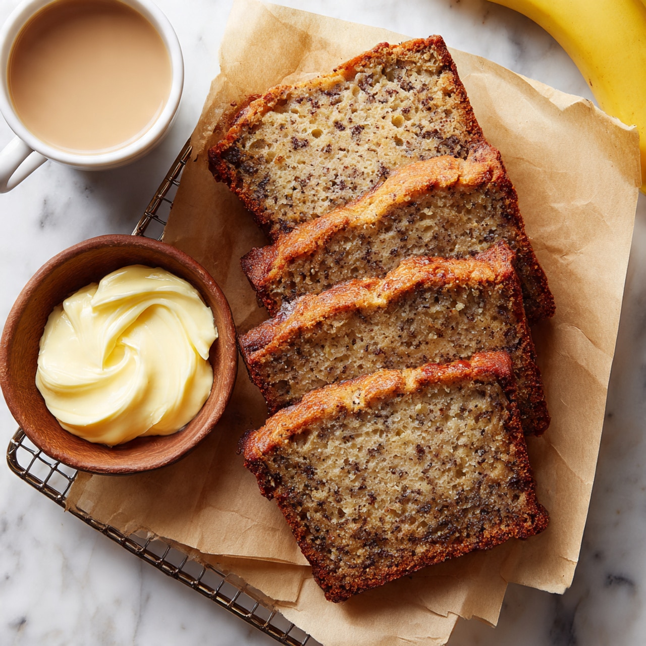 Five slices of brown banana bread with dark specks are stacked slightly overlapping each other on brown parchment paper placed on a wire rack. A small wooden bowl with three swirled dollops of pale yellow butter sits to the left side of the bread. In the upper left corner, part of a white cup filled with light brown coffee is visible. The whole scene rests on a white marbled surface with a couple of yellow bananas peeking from the top right corner. photo taken with an iphone --ar 4:5 --v 7