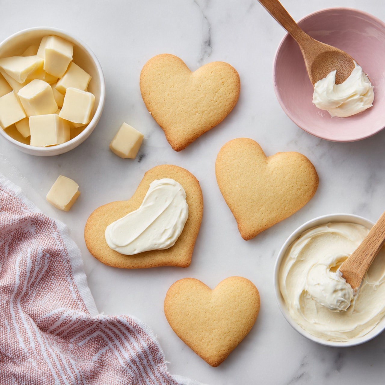 The image shows six heart-shaped cookies arranged on a white marbled surface. Most of the cookies are plain with a light golden brown color, and one cookie in the center is spread with white cream. To the top left, a white bowl holds small chunks of white chocolate, and a white bowl with a pink inside on the top right has a wooden spoon dipped in cream. A striped cloth napkin is placed gently in the left bottom corner. Photo taken with an iphone --ar 4:5 --v 7