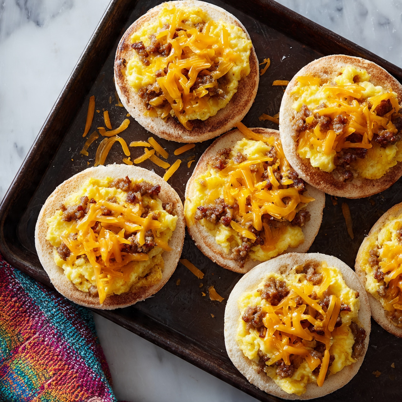 A close-up image of small English muffin halves toasted to a light golden brown, placed on a dark baking tray. Each muffin has three layers: the bottom toasted muffin base, a fluffy yellow scrambled egg layer with soft texture, and pieces of browned sausage scattered on top with melted shredded cheddar cheese that is slightly stringy and pale orange in color. The muffins are arranged in a slightly scattered pattern on the tray, which sits on a white marbled surface with part of a colorful cloth visible at the corner. photo taken with an iphone --ar 4:5 --v 7
