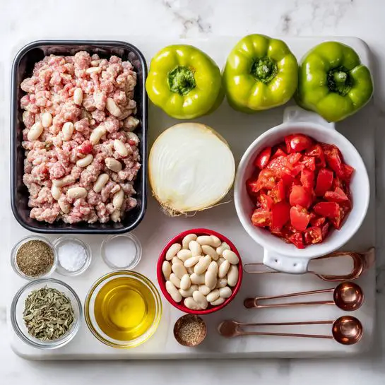 The image shows a top-down view of various cooking ingredients arranged neatly on a white marbled surface. On the left, there is a black tray filled with ground meat that has pink and white fat mixed in. Nearby, two green bell peppers and one whole white garlic bulb are placed. In the center, a half-cut onion with white flesh and light orange skin is visible. On the right, a white bowl with a black rim is filled with bright red cooked diced tomatoes. Below this, a small clear glass bowl contains golden yellow olive oil. At the bottom left, a red colander holds white beans. Two small glass bowls with dried green herbs and spices are placed to the left. On the bottom right, a set of copper measuring spoons is fanned out beside a small pile of white salt. Photo taken with an iphone --ar 4:5 --v 7