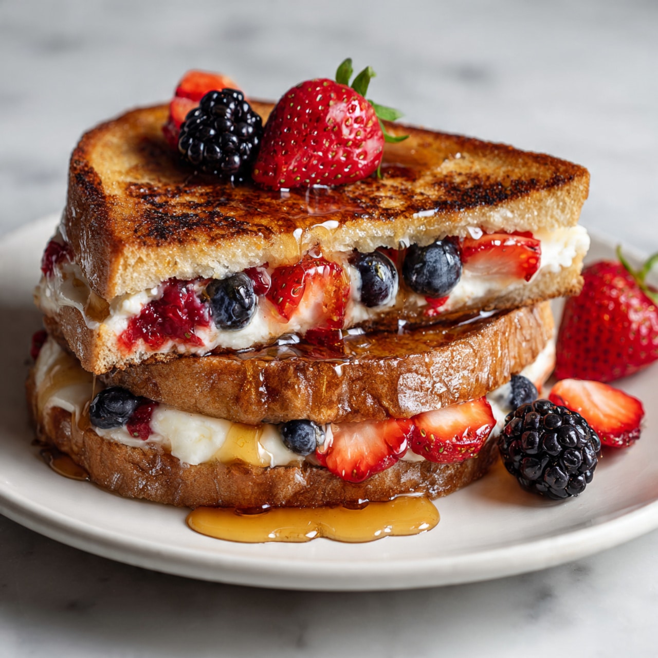 A white plate holds a sandwich made of two golden toasted slices of bread. The sandwich is cut in half and inside has a layer of creamy white cheese mixed with small pieces of red strawberries. On top of the sandwich, there are fresh halved strawberries, blackberries, and blueberries, adding bright red, deep black, and dark blue colors. Light syrup is slowly dripping over the sandwich, adding a shiny glaze. The surface under the plate is a white marbled texture. Photo taken with an iphone --ar 4:5 --v 7