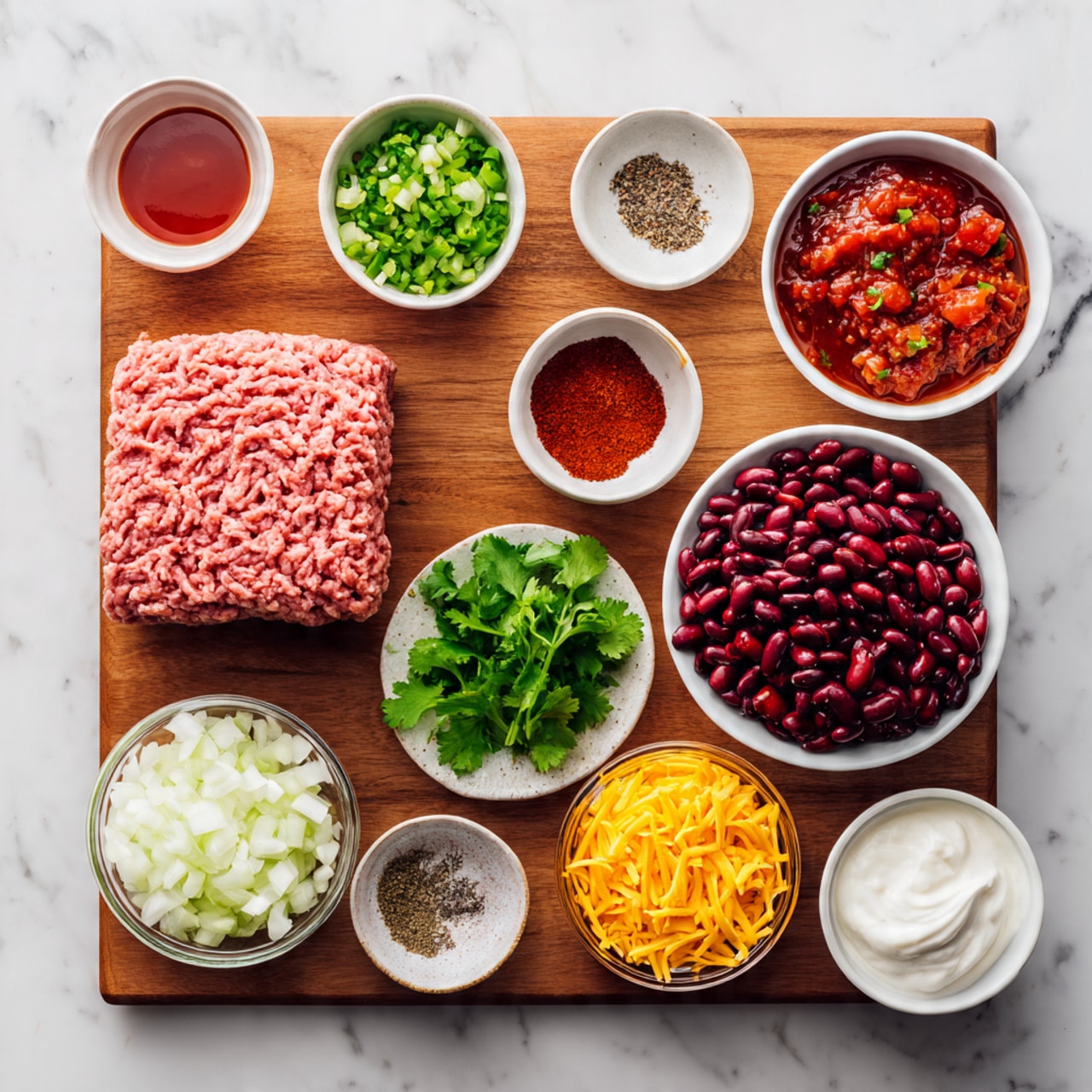 A flat wooden board holds a large block of raw ground meat with a pinkish color and soft, stringy texture on the left side of the image. Surrounding it are several small white bowls arranged on a white marbled surface; the top right bowl contains chunky red diced tomatoes in a thick liquid, below it a bowl filled with dark red kidney beans, and to the bottom right, a bowl with finely shredded bright orange cheese. On the bottom left, a small clear glass bowl holds white chopped onions with a slightly shiny texture. In the center, a small white plate with fresh green cilantro leaves has a small glass bowl on top filled with sliced green onions. A small speckled bowl near the bottom left contains red chili powder. Two tiny white bowls above hold black pepper and salt. Near the bottom center-left, a dark bowl holds thick smooth red sauce, and next to it on the right, a small white bowl contains creamy white sour cream. All items are set neatly with even spacing over a white marbled surface. Photo taken with an iphone --ar 4:5 --v 7