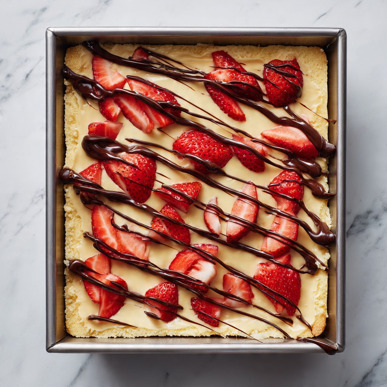 A rectangular tray filled with a thick light brown creamy layer spread evenly on crumbly base pieces in the tray. On top, there are slices of fresh red strawberries scattered all over. Thin lines of dark chocolate drizzle are spread across the entire surface in a zigzag pattern. The tray is placed on a white marbled surface. Photo taken with an iphone --ar 4:5 --v 7