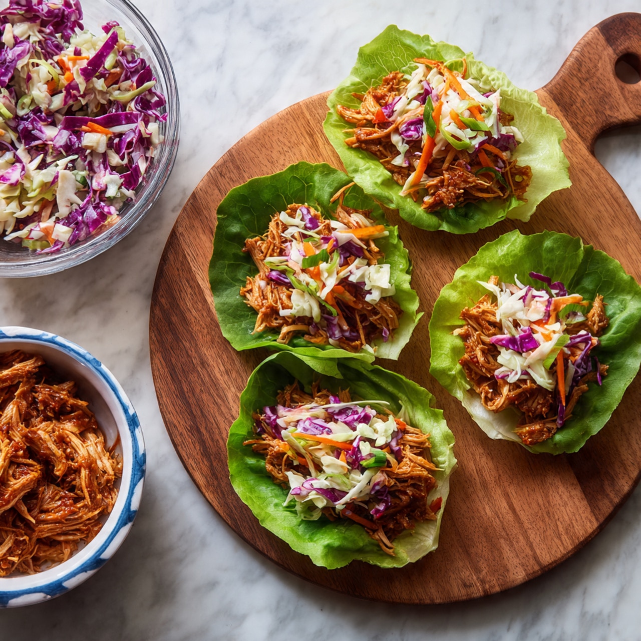 Three small lettuce wraps are arranged on a pale yellow plate. Each wrap has layers of shredded dark purple cabbage, small red pepper pieces, and brown cooked shredded meat topped with light brown cashew nuts. The plate is set on a white marbled surface with shredded carrots and scattered cashews around it. To the left, a pale blue bowl holds more shredded cooked meat. Surrounding the plate are glass bowls of shredded purple cabbage, shredded carrots, and whole cashew nuts, as well as whole garlic bulbs, onions, and sprigs of fresh parsley. A woman's hand holds a fork in the bowl with shredded meat. The scene has a casual kitchen feel, with a blue and white textured cloth on the bottom left. photo taken with an iphone --ar 4:5 --v 7