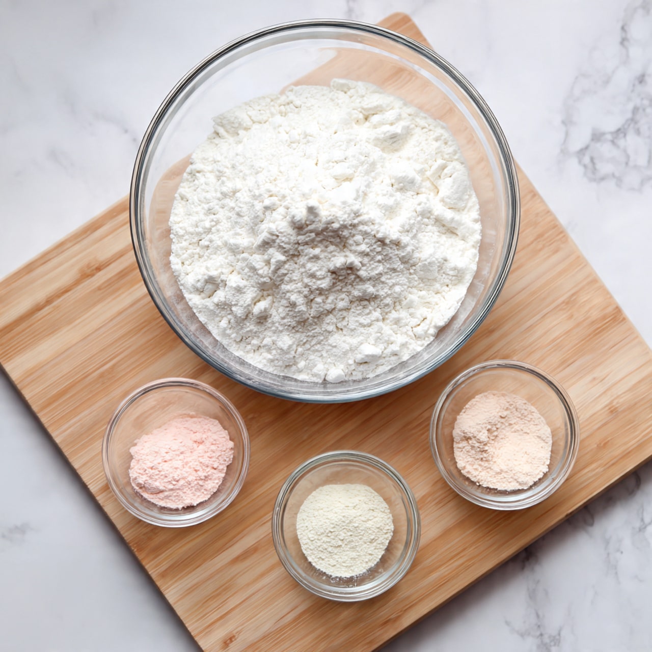 The image shows a large clear glass bowl filled with a white powdery substance, likely flour, placed on a wooden surface. Below the big bowl, there are three smaller clear glass bowls arranged in a row. Each small bowl contains a different light-colored ingredient: one appears off-white, another has a pale pink shade, and the third is a light beige color. The background and surface have been changed to a white marbled texture as per instructions. Photo taken with an iphone --ar 4:5 --v 7
