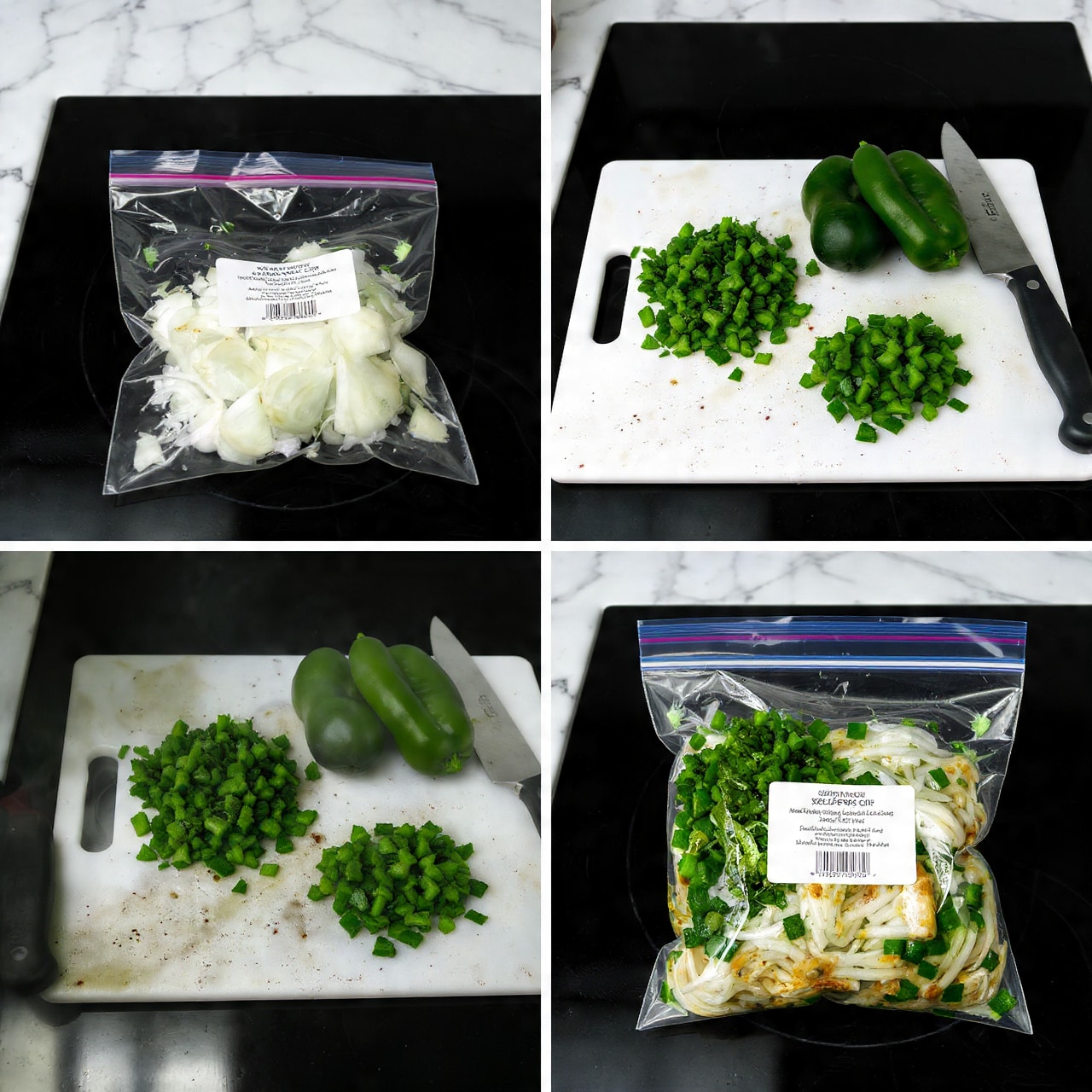The image shows a step-by-step preparation of vegetables for a recipe called Mexican Sloppy Joes. It starts with a clear plastic zip-lock bag labeled