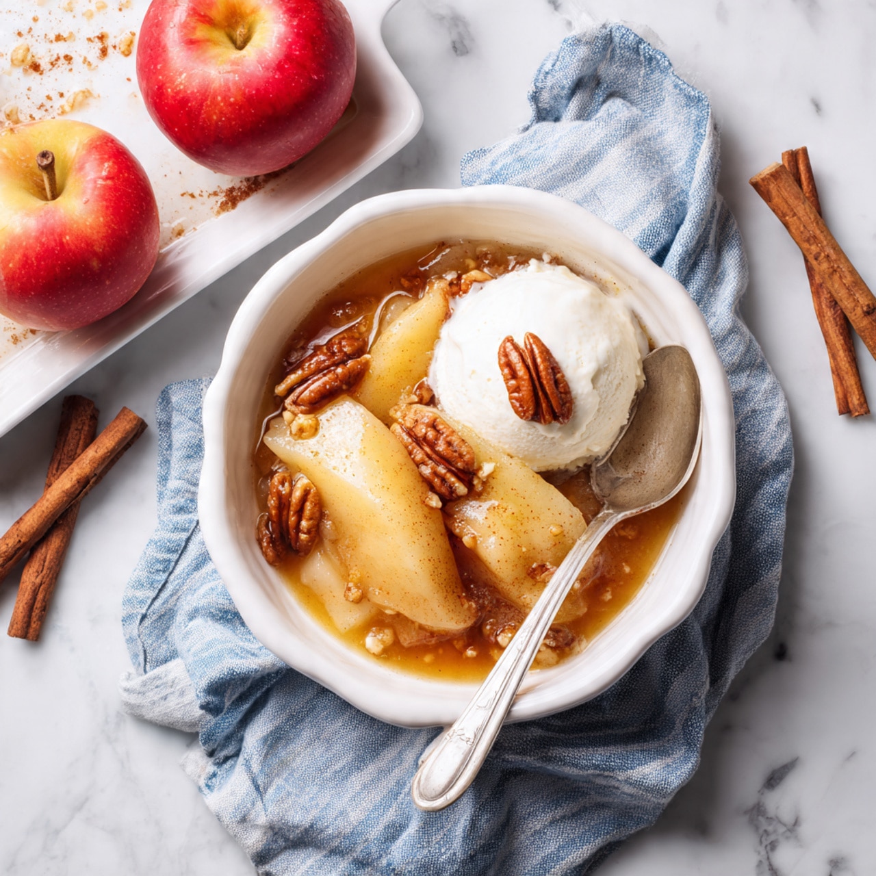 The image shows a white bowl filled with soft, cooked apple slices mixed with brown syrup and a few pecan pieces scattered on top and within the apples. Next to this is a small round scoop of white ice cream sitting on the apple mixture, with one pecan piece placed on the ice cream. A silver spoon is resting inside the bowl, partly submerged in the apple mixture. On the white marbled surface beside the bowl are two red apples and a few cinnamon sticks, with part of a white rectangular dish full of the same cooked apple mixture visible on the top left corner. A striped blue and white cloth is positioned underneath part of the bowl. photo taken with an iphone --ar 4:5 --v 7