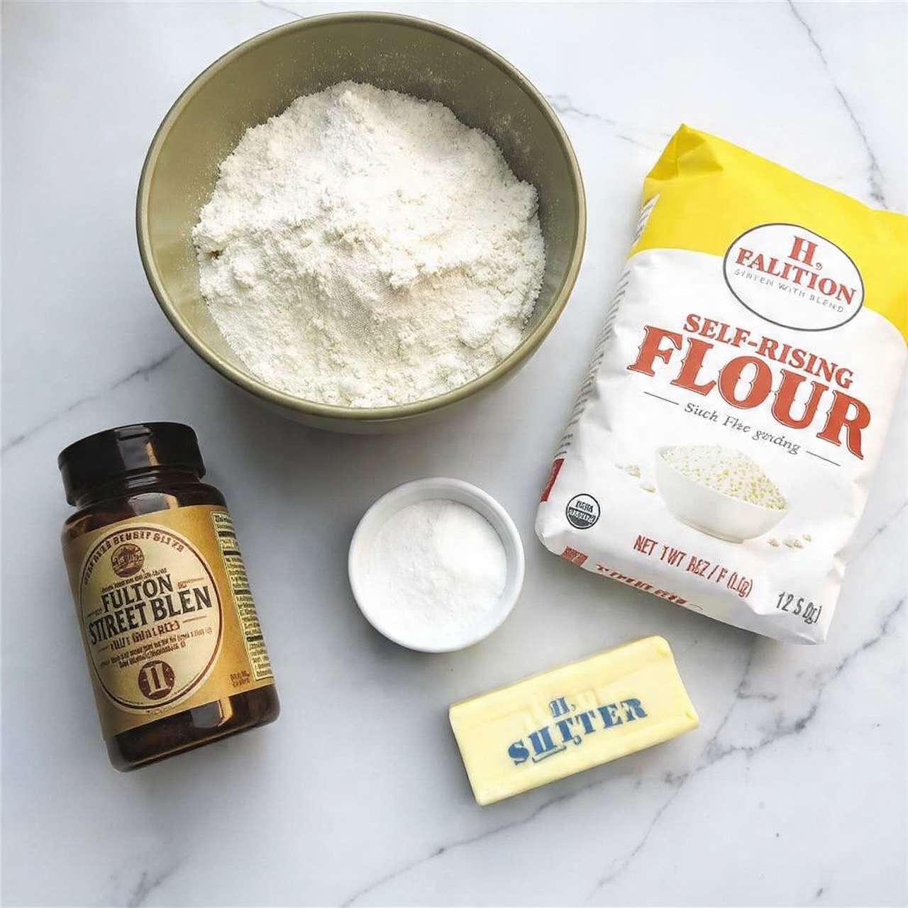 The image shows baking ingredients arranged on a white marbled surface. There is a green bowl filled with flour placed near the top center. To the right of the bowl is a large yellow and white package of self-rising flour. In front of the bowl, a small white ramekin holds a white granular substance, likely sugar or salt. Next to the ramekin is a stick of salted butter with a cream color. On the left side of the image, there is a dark brown glass bottle with a detailed label reading