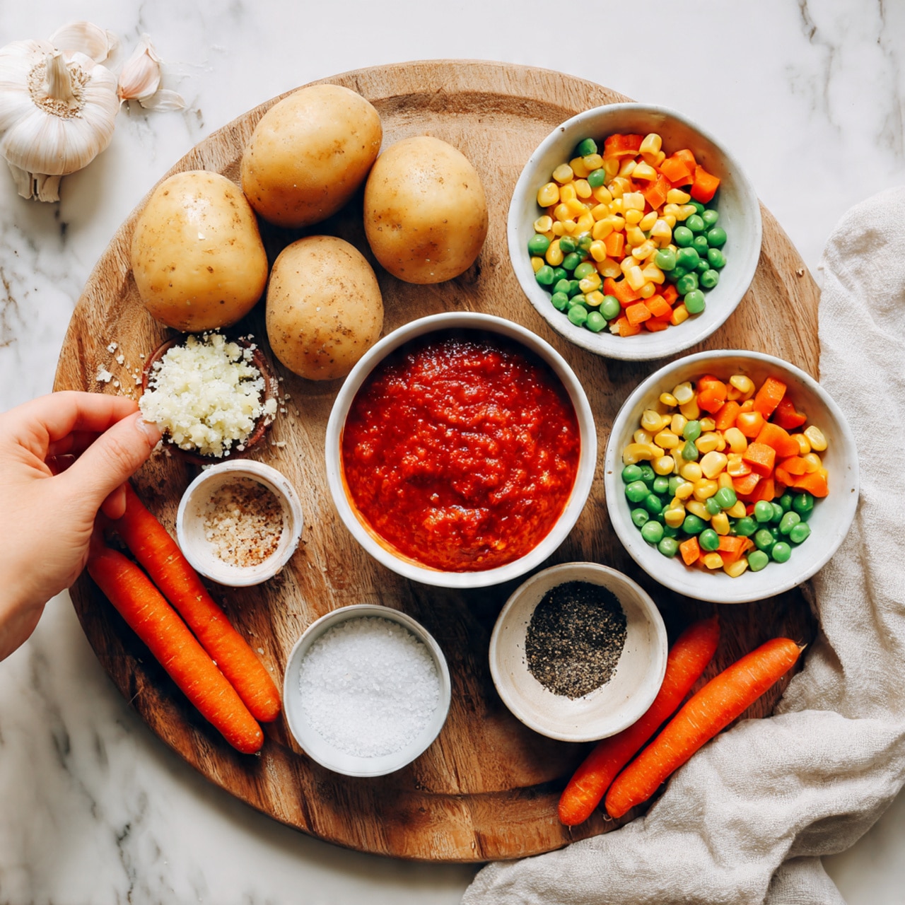 The image shows a round wooden board with several small white bowls and fresh vegetables arranged on it. One white bowl is filled with bright red tomato sauce with visible chunks, placed at the top right. Another white bowl contains a colorful mix of diced carrots, peas, and corn, located on the left side. Around the board are three light brown potatoes, two whole orange carrots, and three small white bowls holding different spices: light brown powder, black and white mixed pepper, and coarse white salt. A woman’s hand is reaching from the left side, holding some finely minced light garlic on a small white plate. The background is a white marbled surface with a light-colored soft cloth partially visible near the tomato sauce bowl. photo taken with an iphone --ar 4:5 --v 7