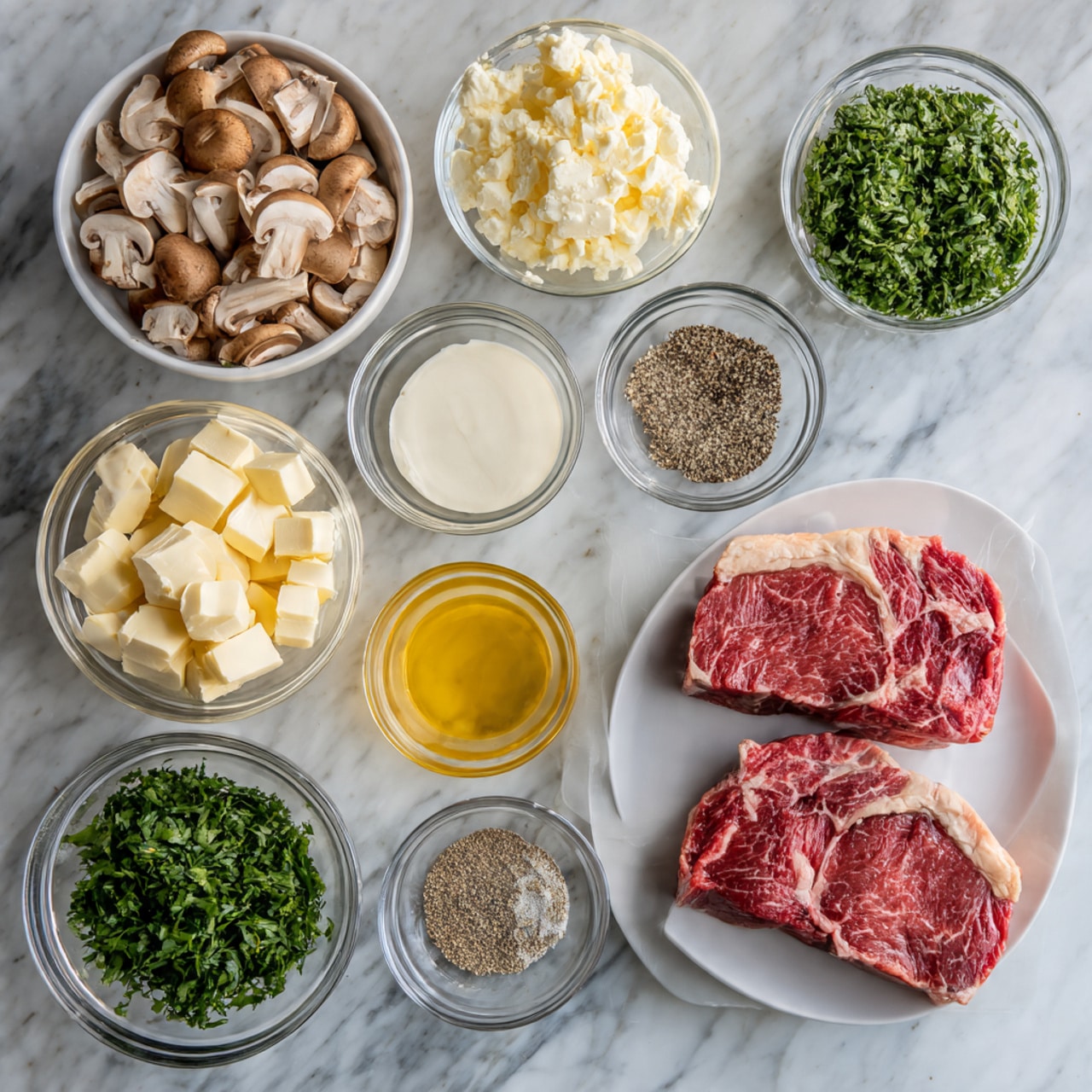 A top view shows a white marbled surface with 11 small clear glass bowls arranged neatly; one bowl contains thinly sliced light brown mushrooms, another has a creamy white liquid, another some yellow honey, and two bowls have white minced garlic cloves and butter cubes, respectively. There is a bowl with chopped fresh green herbs, a bowl with black pepper, a bowl with salt, and a bowl with a mix of white and black pepper. A white plate holds two raw red steaks with visible white marbling of fat. The ingredients are all spread out evenly for preparation. Photo taken with an iphone --ar 4:5 --v 7