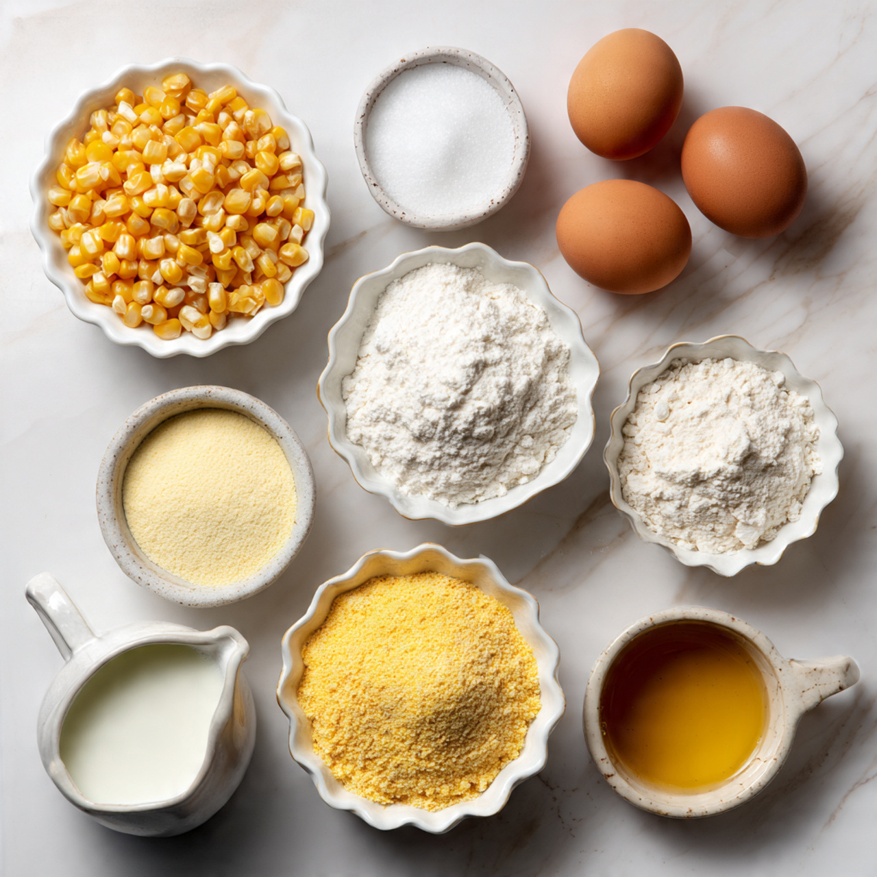 Homemade Cornbread with Maple Butter Topping Recipe 4 The image shows ten ingredients arranged on a white marbled surface. There are two whole brown eggs near the top center, with a small white scalloped bowl of light yellow oil to the right. Below the eggs and oil, three white scalloped bowls hold fine white flour, yellow cornmeal, and a slightly grainy corn starch, arranged in a column. To the left of the column, there is a white bowl filled with whole yellow corn kernels. Above it, a speckled white bowl holds white granulated sugar. Below all, a white ceramic measuring cup contains white milk. In the center, a small rustic bowl contains golden honey or syrup. The colors range from white and yellow to brown, all on a clean white marbled surface. photo taken with an iphone --ar 4:5 --v 7