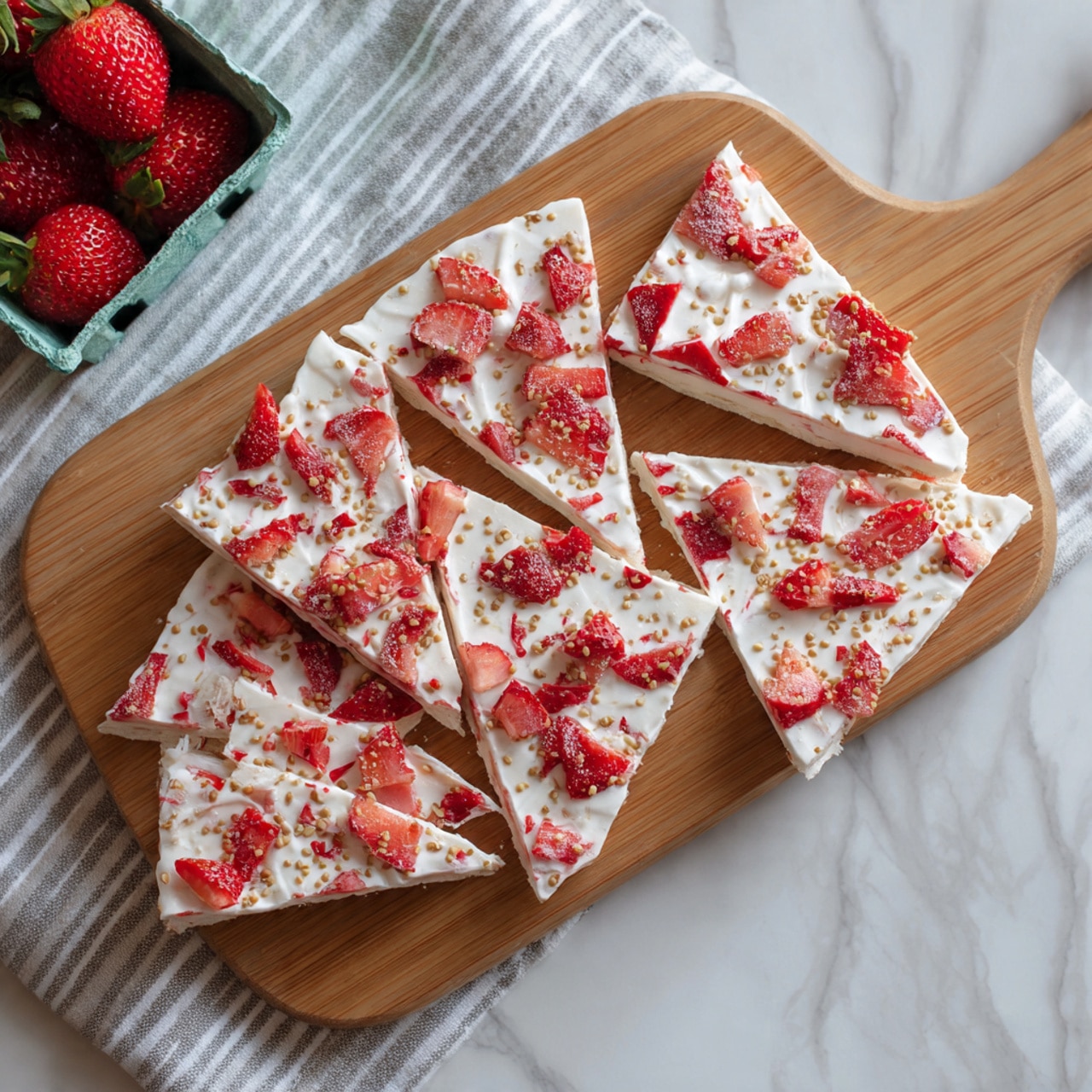 The image shows seven broken triangular pieces of white frozen yogurt bark layered with bright red chopped strawberries scattered evenly on top. A light sprinkle of small, beige seeds adds texture across the yogurt surface. The pieces are placed overlapping each other on a warm light brown wooden serving board. In the top left corner, a small green carton with whole strawberries rests partly visible on a soft grey and white striped cloth. The whole scene is set on a white marbled surface. Photo taken with an iphone --ar 4:5 --v 7