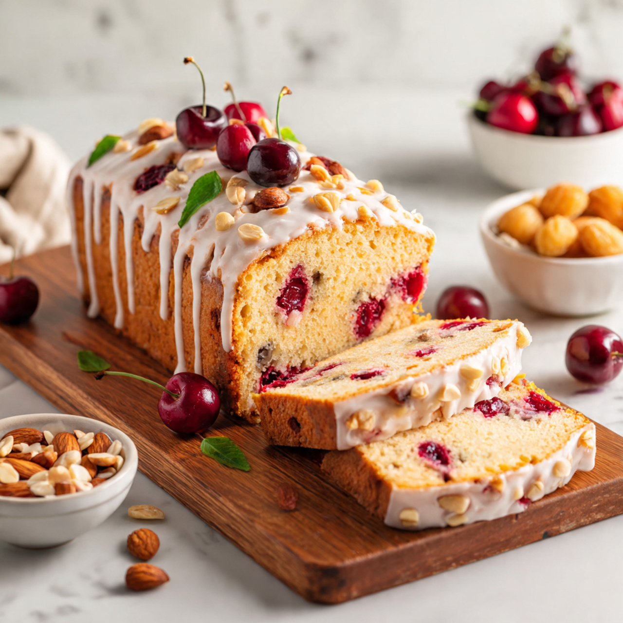 A loaf cake placed on a wooden board with two slices cut from it, showing a soft, light yellow interior filled with red cherries. The top of the cake is white with icing drizzled in thin stripes and garnished with halved dark cherries and small green leaves. Around the board are small white bowls filled with chopped nuts and more cherries. The background shows a white marbled surface. Photo taken with an iphone --ar 4:5 --v 7