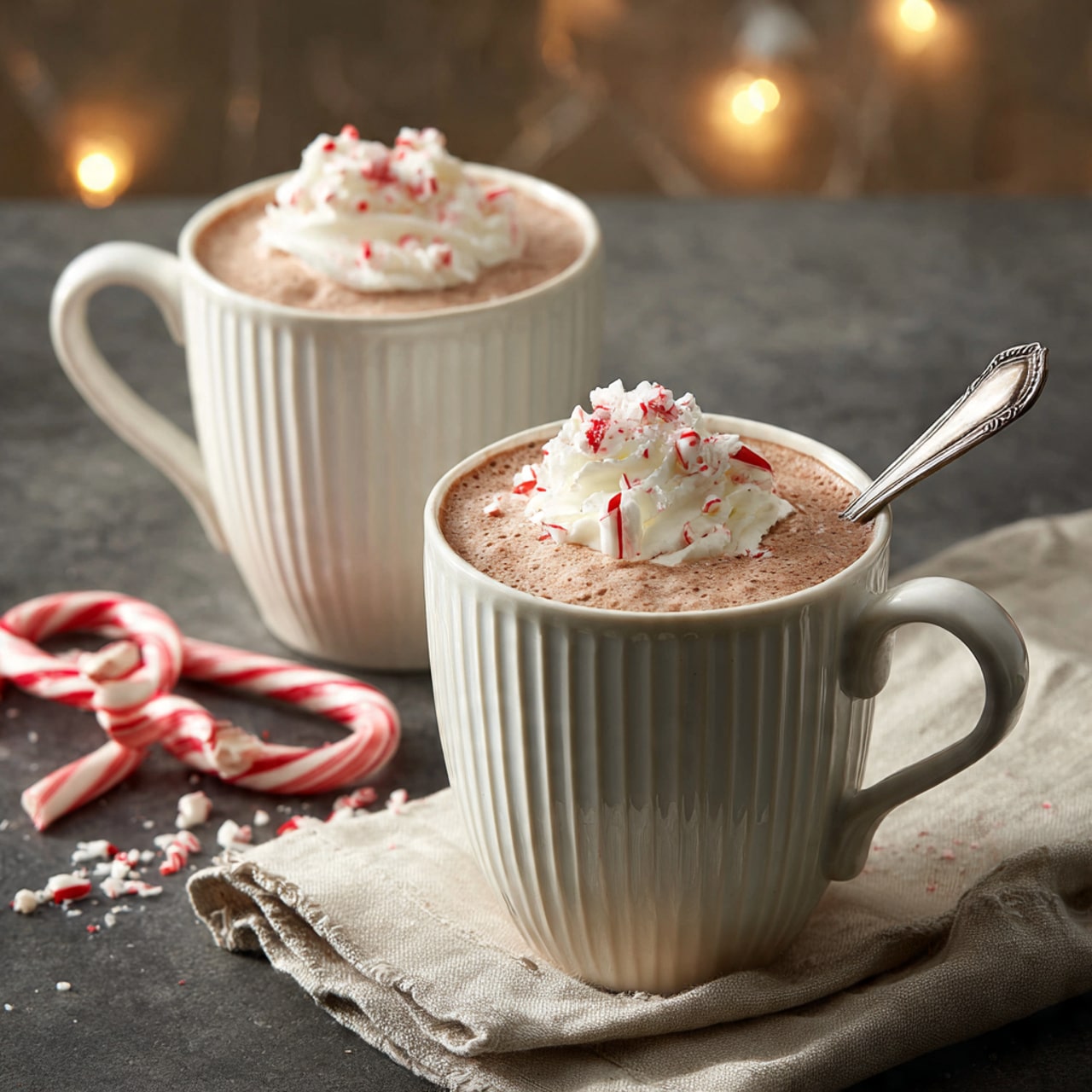 Two white ceramic mugs with vertical ridges filled with light brown hot chocolate topped with whipped cream and small red and white candy pieces. A spoon rests inside the front mug, which sits on a folded beige cloth napkin on a dark gray surface. A white and red candy cane is on the table near the mugs, and bits of crushed candy are scattered around. The background is softly blurred with warm, dim lighting. Photo taken with an iphone --ar 4:5 --v 7