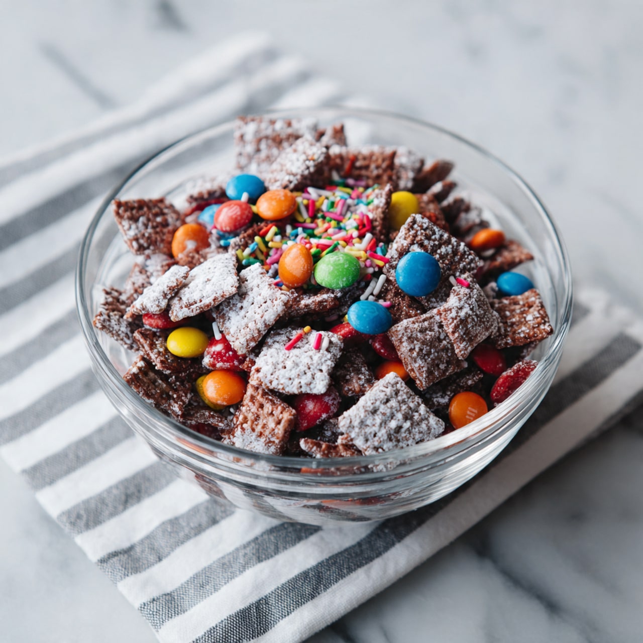 A clear glass bowl filled with a mix of square, chocolate cereal pieces dusted in white powdered sugar, scattered with colorful candy-coated chocolates in red, blue, orange, yellow, and green, and sprinkled with small, thin rainbow-colored sprinkles in pink, white, green, yellow, and orange. The bowl is placed on a white marbled surface with a cloth with gray and white stripes next to it. photo taken with an iphone --ar 4:5 --v 7