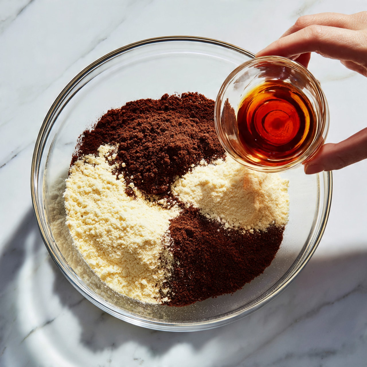 A clear glass mixing bowl is placed on a white marbled surface, filled with two separate piles of powder, one dark brown and one white. A woman's hand is seen from the top right corner holding a small clear cup filled with a dark amber liquid above the bowl, about to pour it in. The powders look soft and fine, with clear division between the colors inside the bowl. Photo taken with an iphone --ar 4:5 --v 7