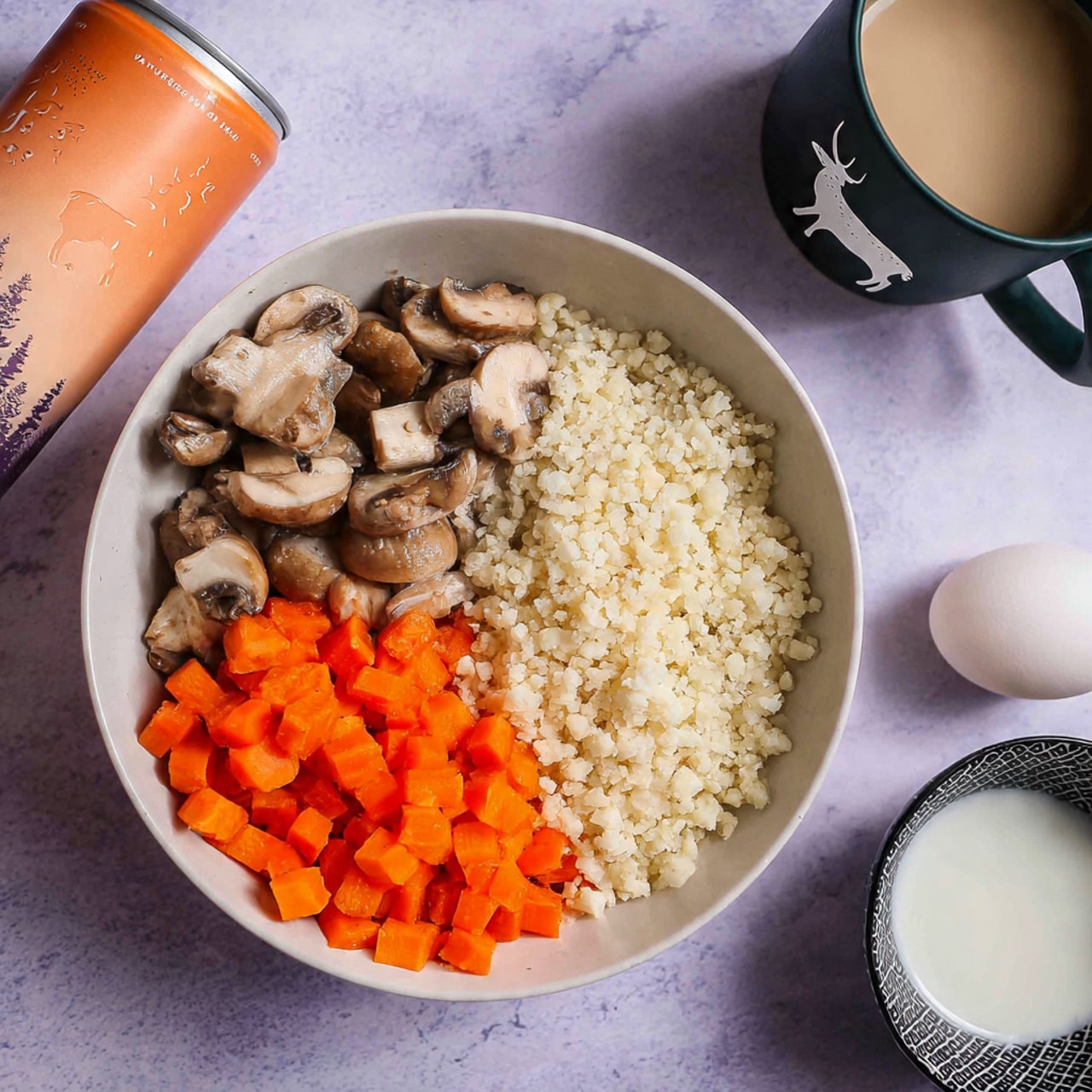 The image shows a white bowl filled with three separate ingredients: on the right side, there is a layer of small white grains that look like cooked cauliflower rice, on the top left side, there are roughly chopped light brown mushrooms with darker edges, and on the bottom left side, there is a layer of small bright orange diced carrots. Around the bowl on a purple textured surface, there are two whole white eggs on the right, a dark green mug with a white deer silhouette on the top right, a black and white patterned small bowl at the bottom left filled with white milk, and a can with an orange image on it placed behind the bowl. The whole setup rests on a white marbled texture photo taken with an iphone --ar 4:5 --v 7