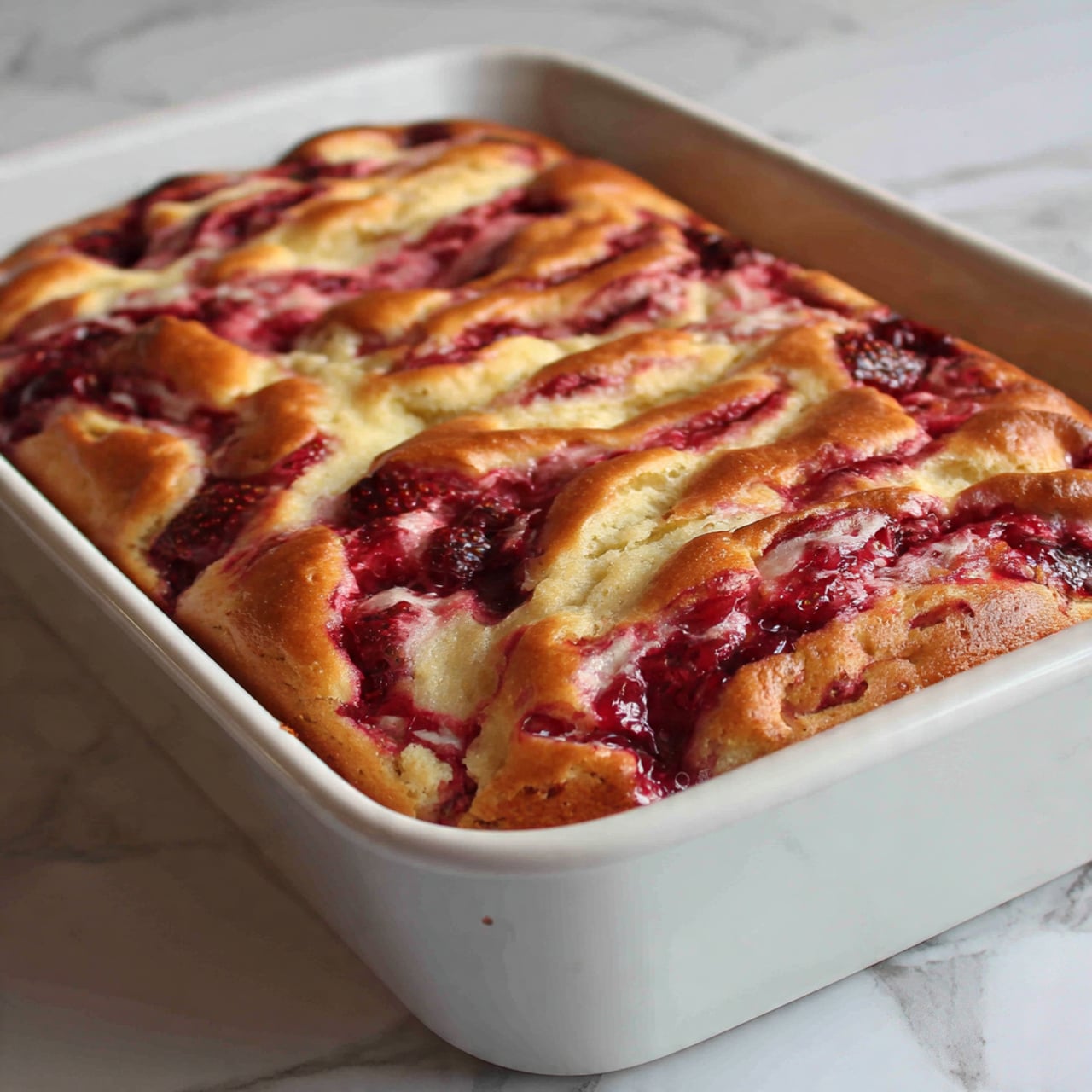 The image shows a close-up of a rectangular white baking pan filled with a freshly baked dessert. It has a golden brown crust with swirls of bright red fruit filling mixed throughout, creating a marbled effect on top. The fruit filling appears juicy and slightly glossy, with some parts sunken into the soft dough while others rest on the surface. The crust looks thick and fluffy around the edges, rising slightly above the filling. The background is a white marbled texture, and the lighting highlights the texture and color of the dessert beautifully. Photo taken with an iphone --ar 4:5 --v 7