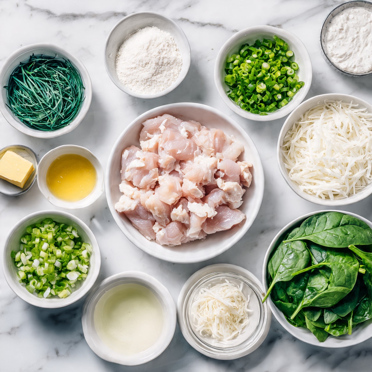 The image shows multiple white bowls arranged neatly on a white marbled surface. The center bowl contains raw, light pink chicken pieces. Surrounding it are small white bowls with ingredients: finely chopped green scallions, chopped fresh green herbs, white shredded coconut, a small yellow lump of butter, white powdery flour, translucent golden liquid (likely oil), and pale liquid in a small cup. Larger white bowls hold green leafy spinach, chopped white and green onions, and a thick light cream. The overall setting is clean and organized, with a woman's hand about to reach for one of the bowls. photo taken with an iphone --ar 4:5 --v 7