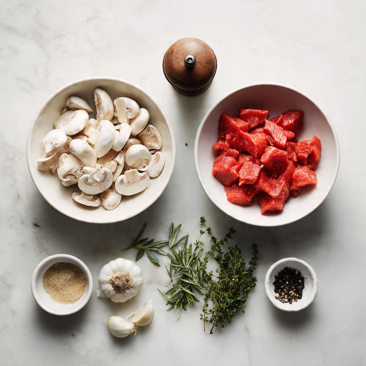 Two white bowls sit on a white marbled surface; the left bowl is filled with sliced white mushrooms, and the right bowl holds small bright red pieces of raw meat. Below the bowls, there are small piles and containers placed in an organized manner: two whole garlic cloves, fresh green sprigs of thyme and rosemary, a small white dish with a light brown granular spice, a small white container with a dark liquid, and a wooden shaker with black pepper. The overall look is neat, with the ingredients arranged clearly and spaced apart. Photo taken with an iphone --ar 4:5 --v 7