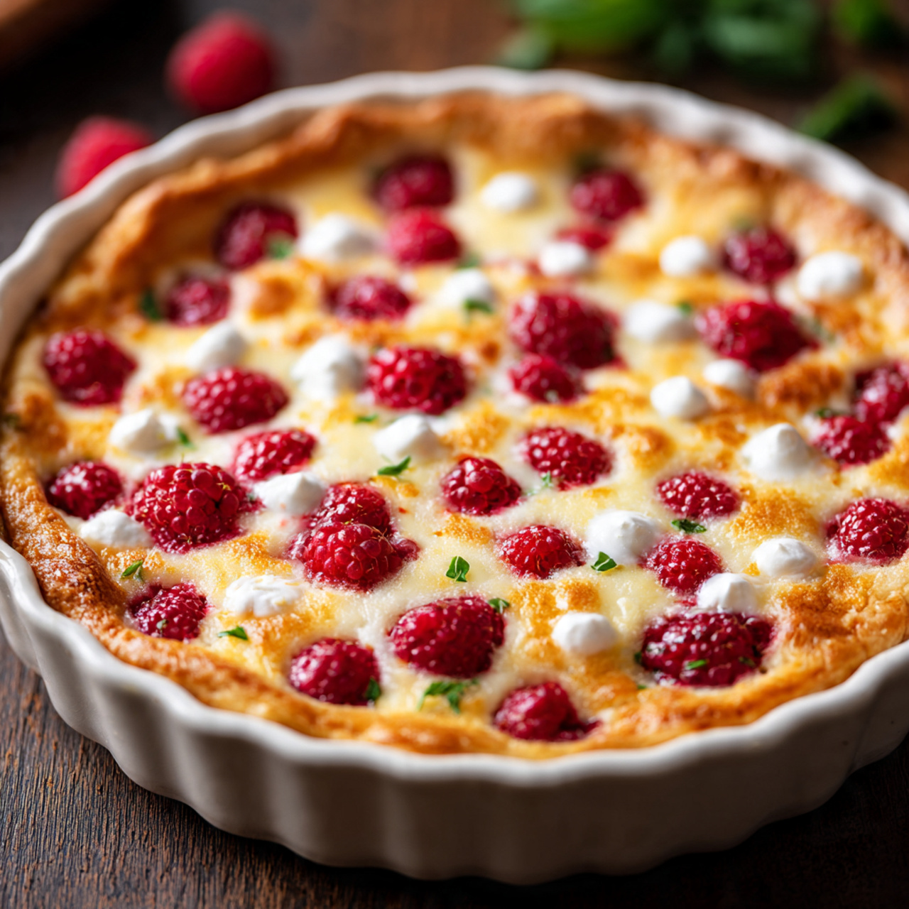 A round baked dessert in a white pie dish, filled with a golden brown crust that has a slightly crisp texture. Embedded in the crust are bright red raspberries evenly spread across the surface and small dollops of white cream-like drops scattered throughout. The pie is on a dark wooden surface with some green herbs visible at the edge. Photo taken with an iphone --ar 4:5 --v 7