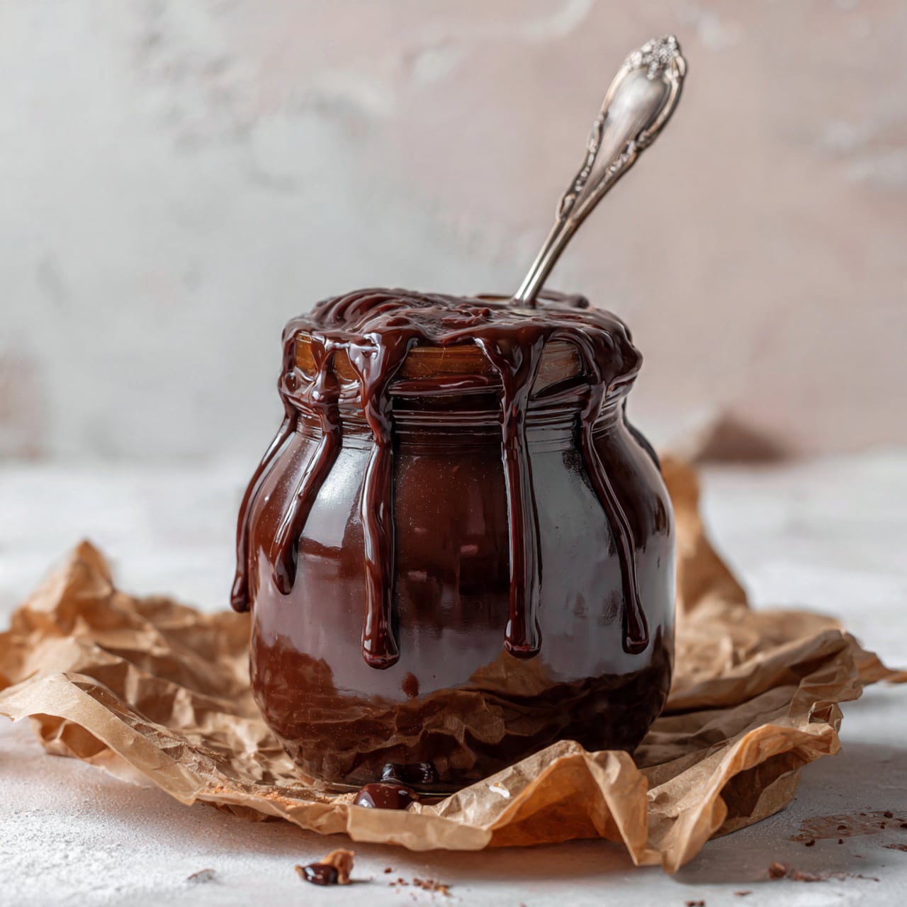 The image shows a brown glass jar filled with thick, dark chocolate sauce. The sauce is dripping down the side of the jar, creating a glossy texture. A silver spoon stands inside the jar, with some chocolate sauce covering its top part. The jar is placed on a piece of crumpled brown paper, set on a white marbled surface. The background is softly blurred in light colors, making the jar the main focus. Photo taken with an iphone --ar 4:5 --v 7