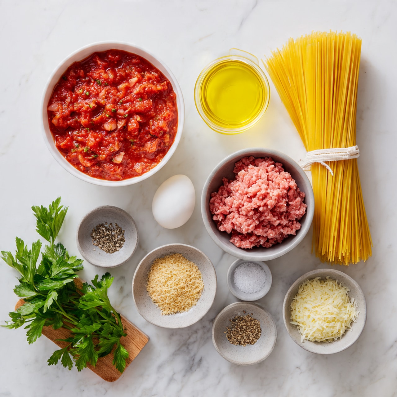 The image shows ingredients for a pasta dish arranged neatly on a white marbled surface: a large white bowl filled with chunky red tomato sauce at the top left, a small clear container with bright yellow olive oil above the center, a bundle of uncooked yellow spaghetti tied with white string to the right, a white bowl with raw pink ground meat below the spaghetti, three small gray bowls containing grated cheese, light brown breadcrumbs, and finely chopped garlic from right to left, a white egg placed slightly left of the center, and a small wooden board at the bottom left with fresh green parsley and a small bowl of salt and black pepper. Photo taken with an iphone --ar 4:5 --v 7