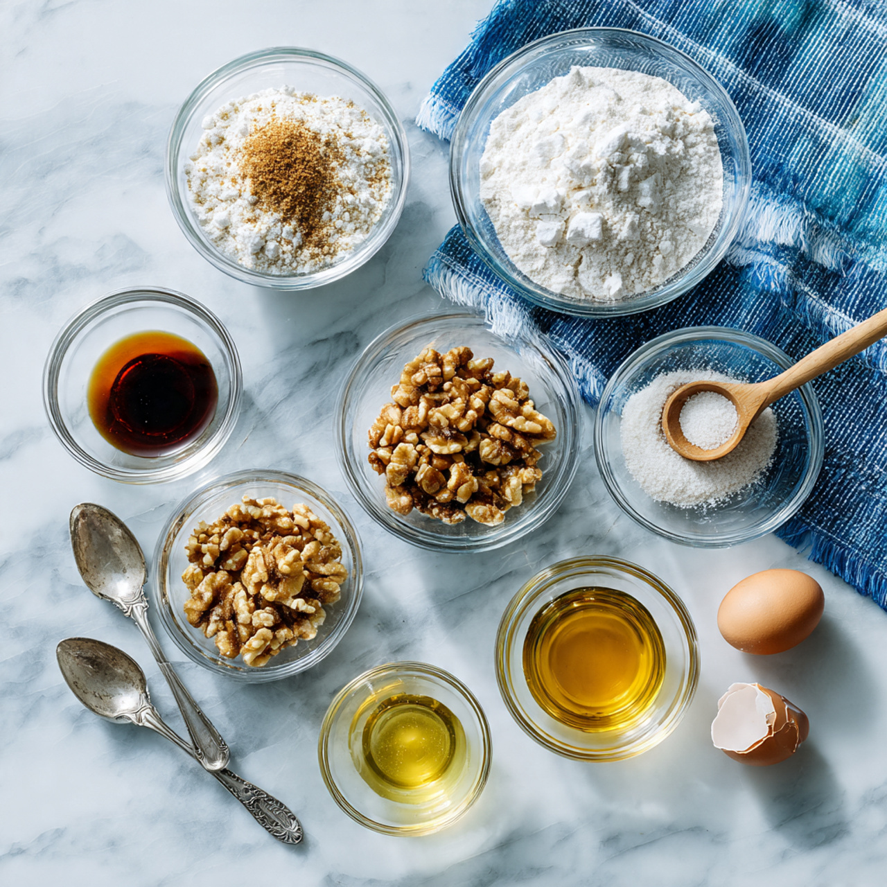 The image shows seven clear glass bowls on a white marbled surface with a blue and white cloth underneath. Each bowl contains different ingredients: one has white flour with a brown spice on top, another has a white powder, a third holds crushed nuts with a wooden scoop, the fourth contains light beige sugar, the fifth is dark brown syrup, the sixth has a small amount of golden liquid, and the seventh bowl has two cracked eggs. Two silver spoons rest near the bowls. The overall look is neat and organized, with the bowls arranged in an irregular circle. photo taken with an iphone --ar 4:5 --v 7