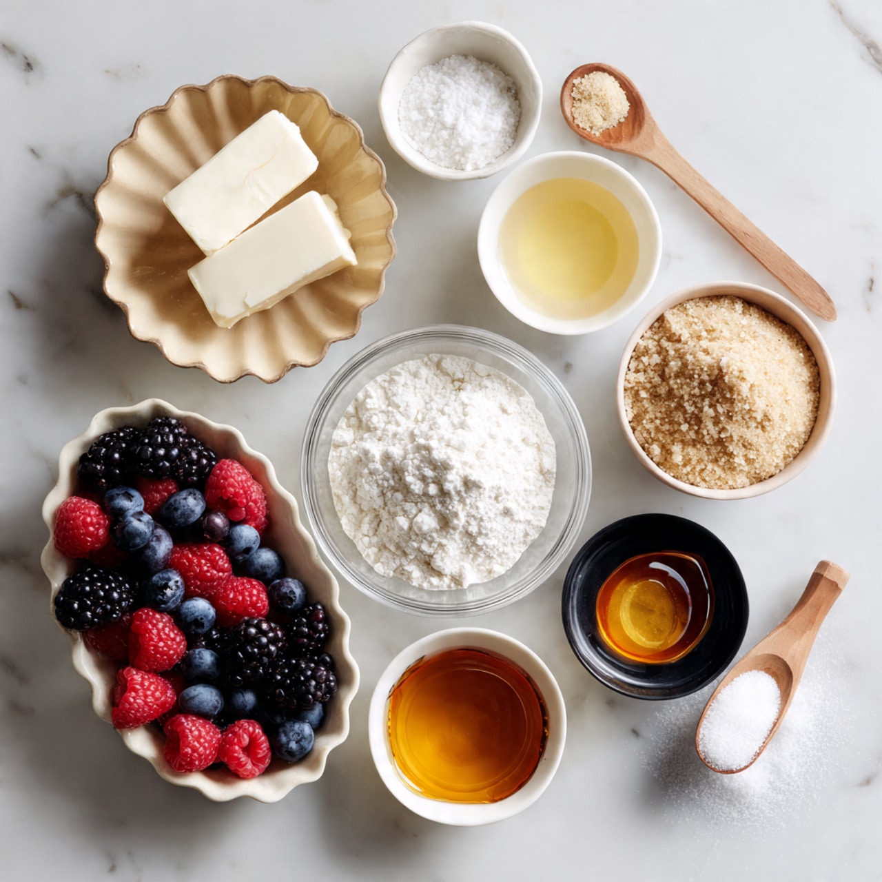 The image shows a top-down view of nine small bowls and a wooden spoon arranged on a white marbled surface with various ingredients. In the top left, a beige scalloped bowl holds three slices of white cheese or butter. To its right, two small white bowls contain light yellow and off-white liquids. A clear glass bowl at the center holds white flour. Below that, a small round bowl contains coarse white salt. To the bottom left, a beige scalloped bowl is filled with fresh berries, including red raspberries, blackberries, and blueberries. Moving right, two small white bowls hold amber and dark golden liquids, while a black divided dish at the bottom right holds white granulated sugar on one side and brown sugar on the other. A small wooden spoon with a white powder rests near the cheese bowl. Photo taken with an iphone --ar 4:5 --v 7