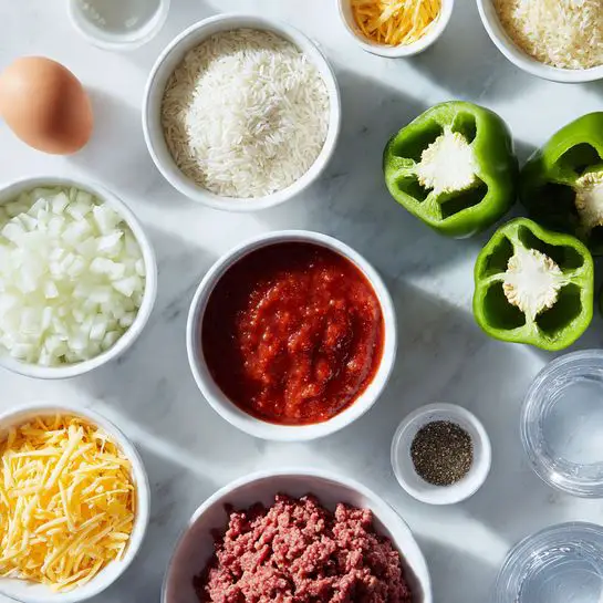 The image shows several small white bowls arranged neatly on a white marbled surface. There is a bowl filled with chopped white onions at the bottom left, next to another bowl containing uncooked rice. Near the center, a bowl holds bright red tomato sauce. Above it, shredded pale yellow cheese fills another bowl. Green bell peppers, each sliced in half and placed open side up, are set to the right side of the bowls. A bowl of raw ground beef sits below the peppers. A small white bowl with a single brown egg and another small white bowl contain ground black pepper and some salt. A clear glass of water is positioned at the bottom right. photo taken with an iphone --ar 4:5 --v 7