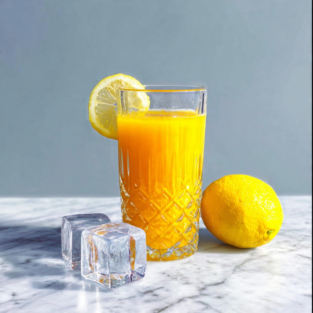 A clear glass filled with bright orange juice sits on a white marbled surface, with two clear ice cubes placed nearby. A fresh lemon slice is placed on the edge of the glass, and a whole lemon rests beside it. The background is a soft blue-gray color. The glass has a cut design pattern, showing the vibrant orange color inside. Photo taken with an iphone --ar 4:5 --v 7