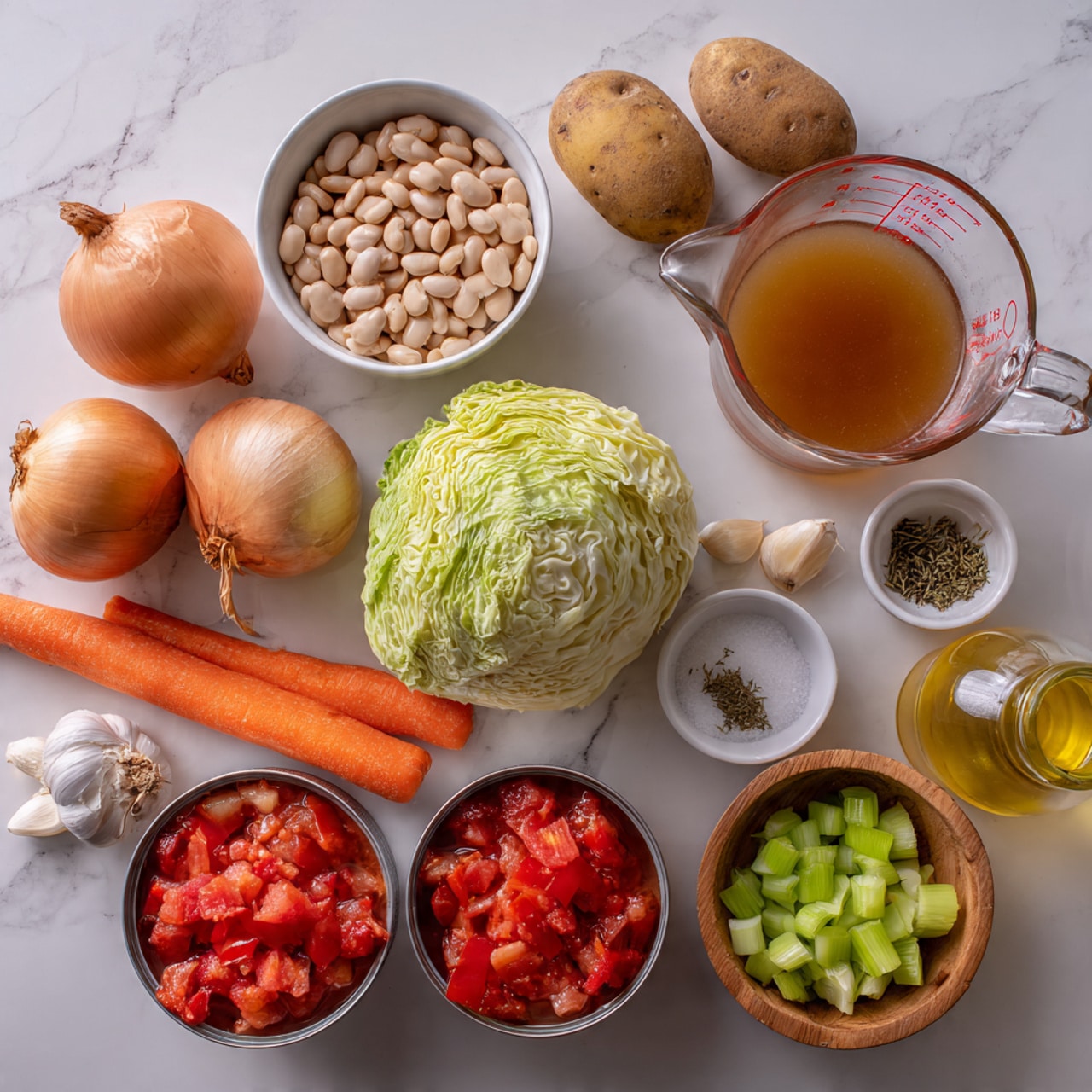 The image shows an arrangement of fresh ingredients on a white marbled surface. Centered at the top is a small white bowl filled with light beige beans. To the right, there is a clear glass measuring cup with brownish broth inside, and beside it, two whole brown potatoes. Below the broth are two opened cans full of red diced tomatoes. In the center, a medium-sized green cabbage sits next to a wooden bowl with light green chopped celery. To the left, two whole orange carrots lie next to a large yellow onion, three peeled garlic cloves, a small white bowl with dried herbs, a small bowl of white vinegar, a small wooden bowl of salt, and a small glass jar of golden olive oil. photo taken with an iphone --ar 4:5 --v 7