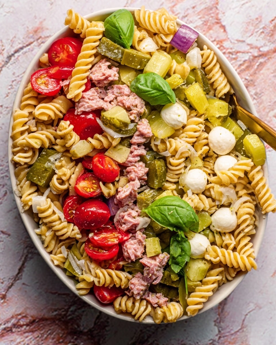 The image shows a colorful pasta salad in a white bowl on a white marbled surface. There are three main layers: the pasta layer with spiral rotini noodles in light tan, the vegetable and topping layer including bright red cherry tomatoes, green pickles, fresh basil leaves, and pale green celery slices, and lastly the protein layer with light pink chunks of meat and small pale mozzarella balls scattered throughout. The ingredients mix together evenly, creating a fresh and vibrant look. The photo was taken with an iphone --ar 4:5 --v 7