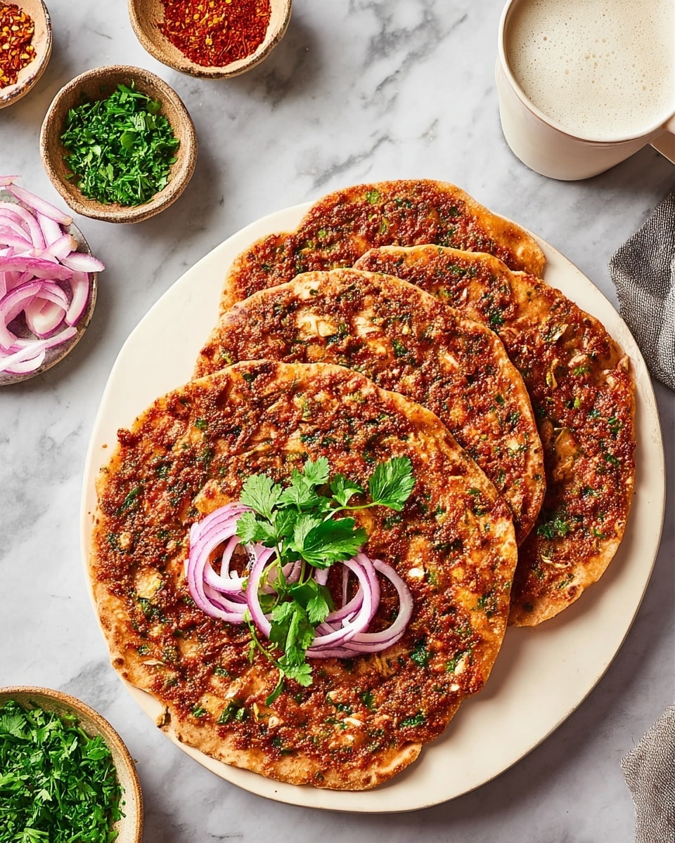 The image shows three thin, round flatbreads on a white plate placed on a white marbled surface. The flatbreads have a reddish-brown topping mixed with small green and white bits, evenly spread over the entire surface. The front flatbread is decorated with several thin, curved slices of red onion and fresh green parsley leaves arranged in the center. Around the plate, there are small bowls with green herbs, red spices, and sliced onions with parsley. A white cup filled with a frothy white drink sits near the top right of the plate. Photo taken with an iphone --ar 4:5 --v 7