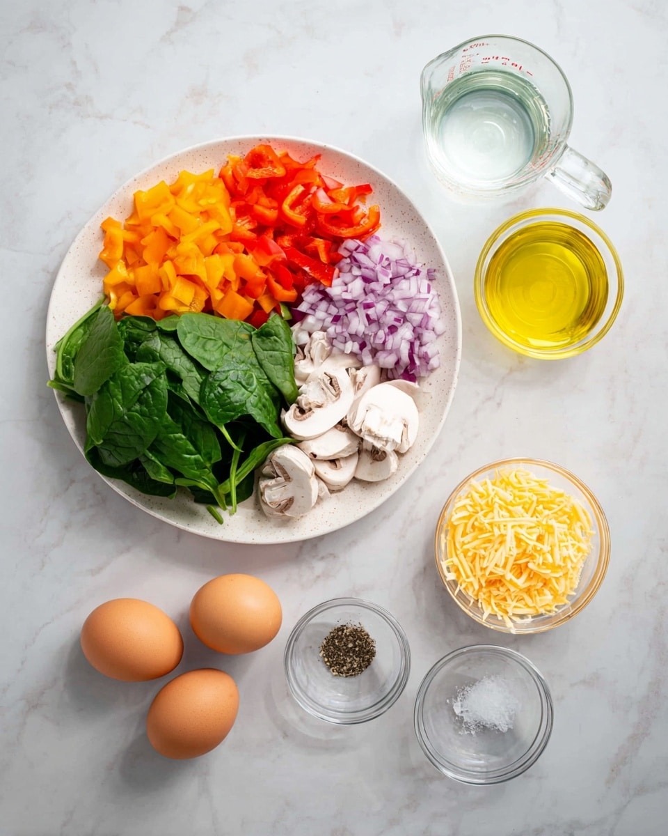 The image shows ingredients for cooking arranged neatly on a white marbled surface. On the left, a round white plate holds four groups of vegetables: bright orange diced bell peppers in the top left, fresh green spinach leaves to the right, finely chopped purple onions in the bottom left, and sliced white mushrooms below the spinach. To the right of the plate, three brown eggs are placed closely together. Nearby, there are small clear glass bowls: one with shredded yellow cheese, one with salt, and one with black pepper. Above these, two clear measuring cups hold liquid, one with water and the other with yellow oil. The scene is well lit with soft natural light, and everything is clean and simple. photo taken with an iphone --ar 4:5 --v 7