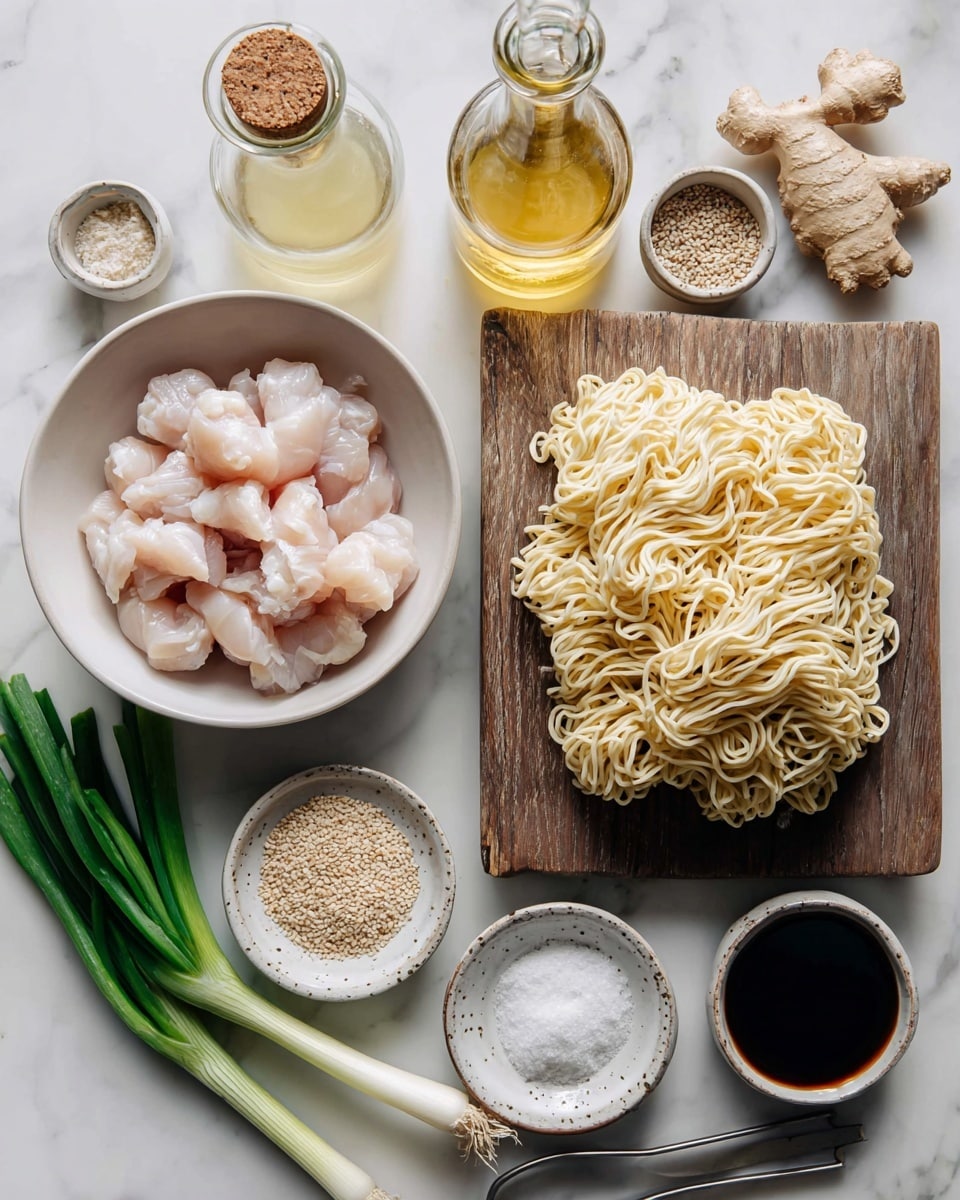 The image shows a white marbled surface with ingredients neatly arranged for cooking. In the center, there is a rectangular wooden board piled with pale yellow uncooked ramen noodles. To the left, a white bowl is filled with raw light pink chicken pieces, and next to it are three fresh green onions with white roots, laying flat. Around the noodles and chicken, there are several small white speckled ceramic bowls holding different ingredients: light brown sesame seeds, white coarse salt, a light powdery flour, and a small amount of dark brown liquid. Two small glass bottles, one with a cork top and golden oil inside, and the other with a cork top and a dark liquid, stand near the top edge. A fresh piece of light brown ginger root is placed on the right side. A pair of small metal tongs is positioned towards the bottom left. The overall setup is bright and clean with natural lighting. photo taken with an iphone --ar 4:5 --v 7