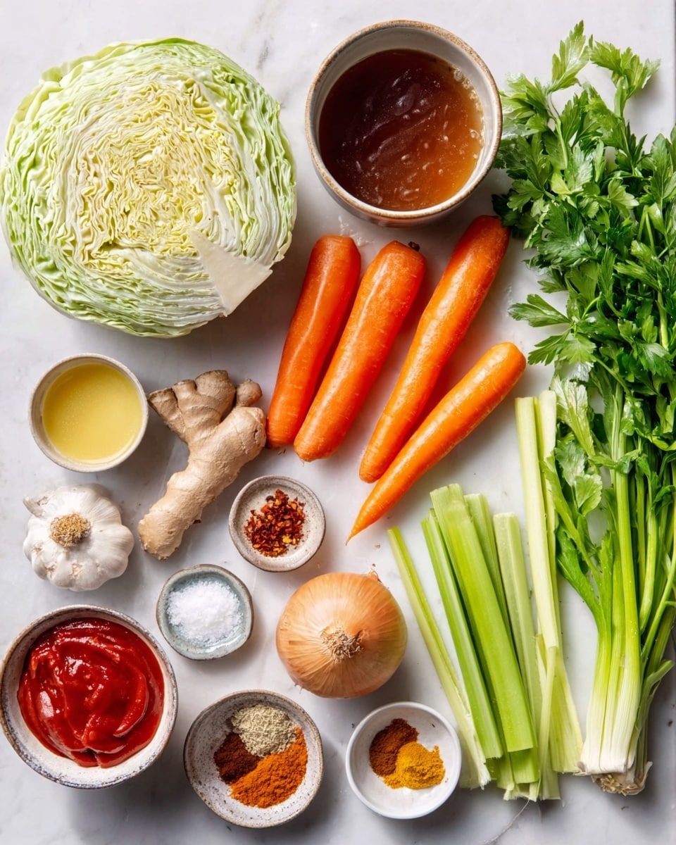 The image shows fresh ingredients laid out on a white marbled surface, including a large half cabbage with light green leaves, three bright orange carrots, several light green celery sticks, a bunch of green onions, a bunch of fresh green parsley, a whole brown onion, a piece of fresh ginger, a few garlic cloves, small white bowls filled with salt, a mix of spices including red and brown powders, smooth yellow mustard, and a bowl of red sauce. There is also a bowl of dark brown liquid broth. Everything is arranged neatly in a flat lay style, showing a colorful and fresh mix of vegetables and seasonings. photo taken with an iphone --ar 4:5 --v 7