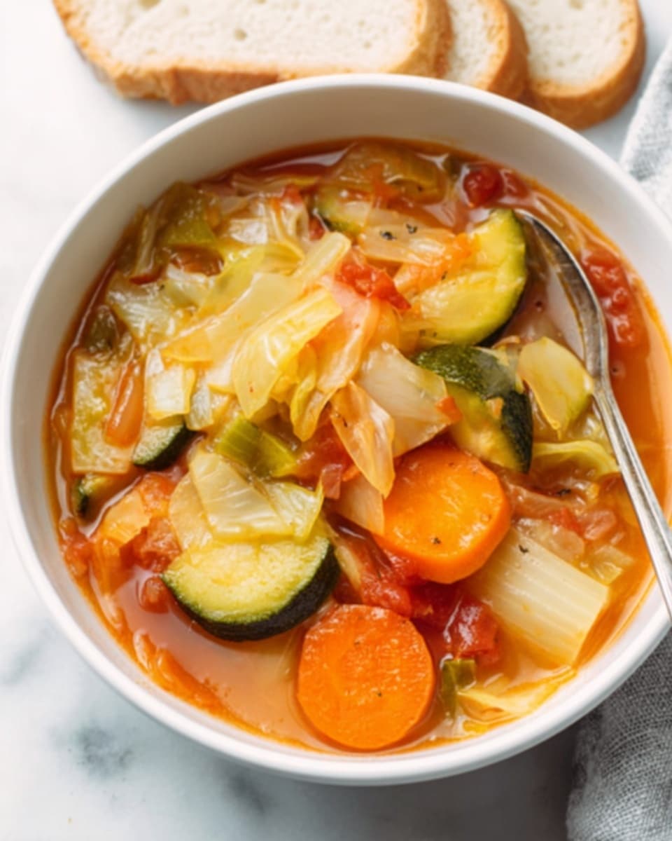 A white bowl filled with vegetable soup sits on a white marbled surface. The soup has clear orange broth and visible layers of different vegetables: bright orange carrot slices, green zucchini pieces, pale yellow chunks of lightly cooked cabbage, and small pieces of tomato. There is a spoon placed inside the bowl, and some white slices of bread are visible in the background. The overall look is fresh, warm, and colorful. photo taken with an iphone --ar 4:5 --v 7